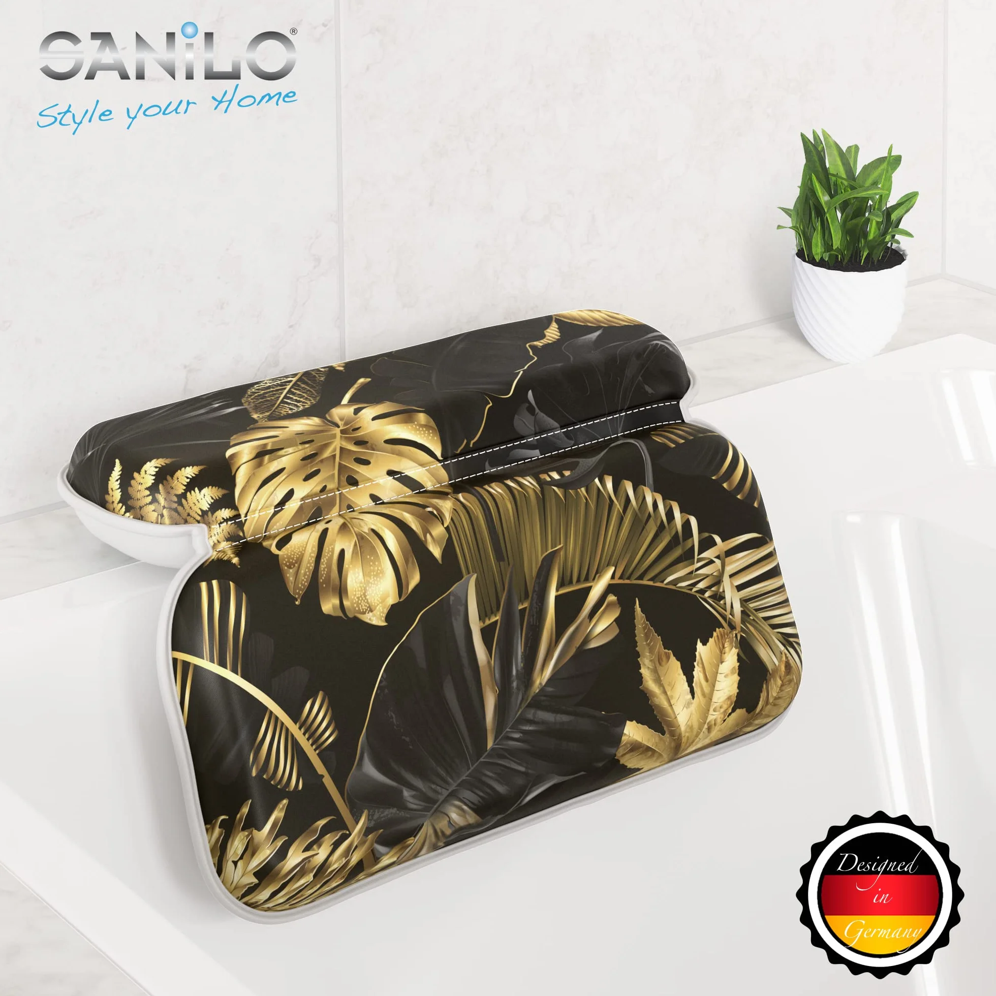 Sanilo Coussin de Bain, Nombreux Coussin pour Baignoire Confortables à Motifs, Coussins de Nuque Munis de Puissantes Ventouses, Lavables (Golden Leaves)