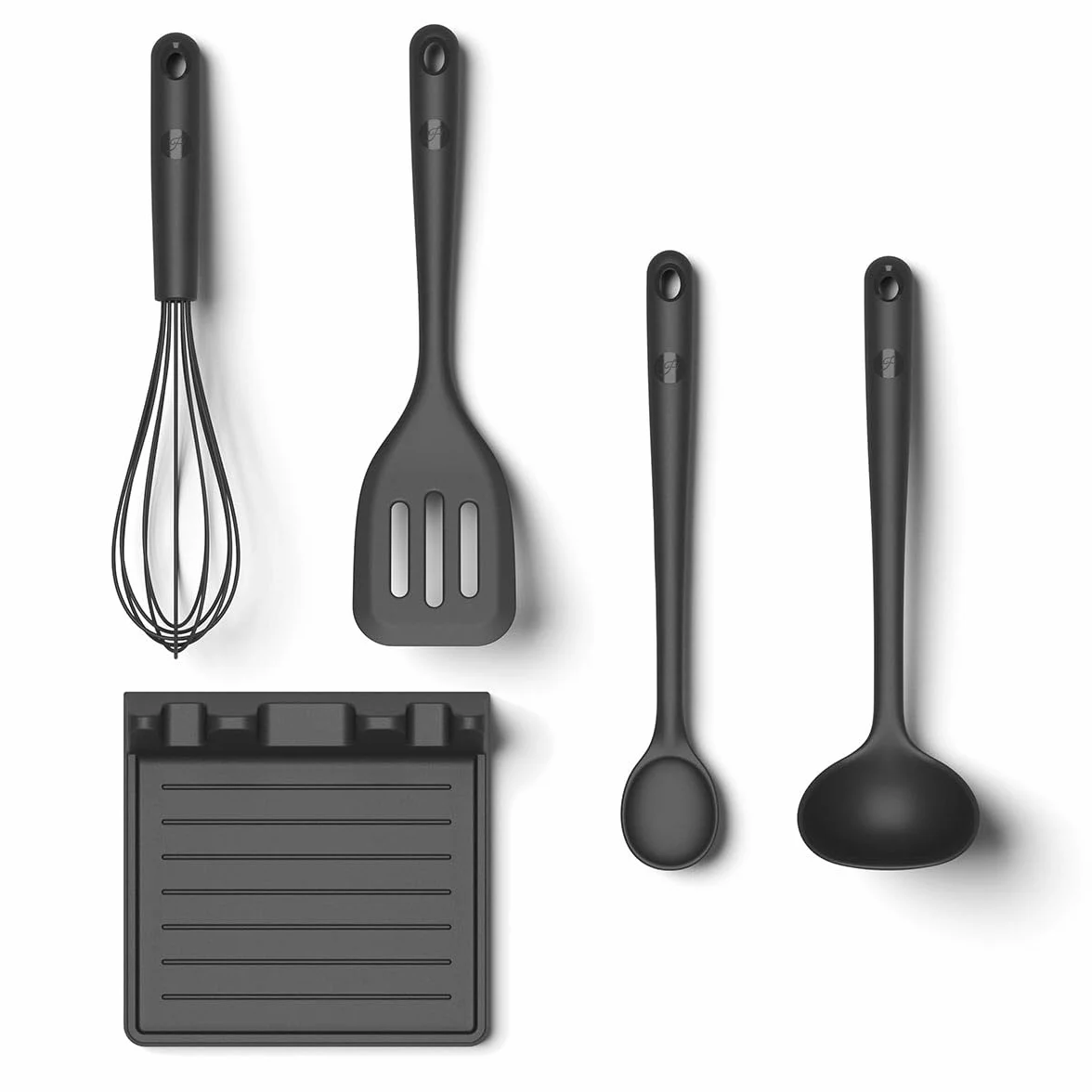 Hoffmann Set Ustensiles de Cuisine 5 Pièces, Anthracite, Silicone Âme Inox, Fouet, Spatule, Cuillère, Louche avec Support, Lave-Vaisselle, Résistant Chaleur, Antiadhésif