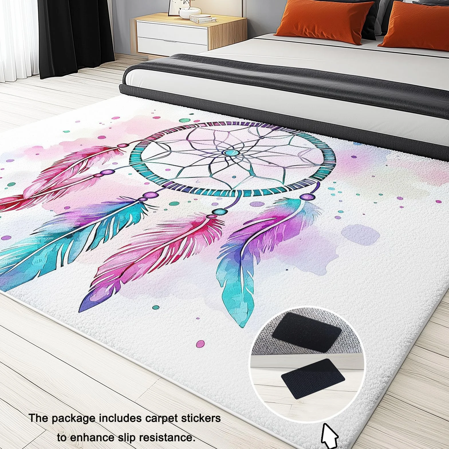 Tapis Rectangulaire antidérapant Tapis Attrape-Rêves Aquarelle Plumes Motif Salon Cuisine Anti Slip Lavable en Machine Doux Tapis Grand de Sol 80 x 150 cm pour Chambre et Couloir Cyan Violet