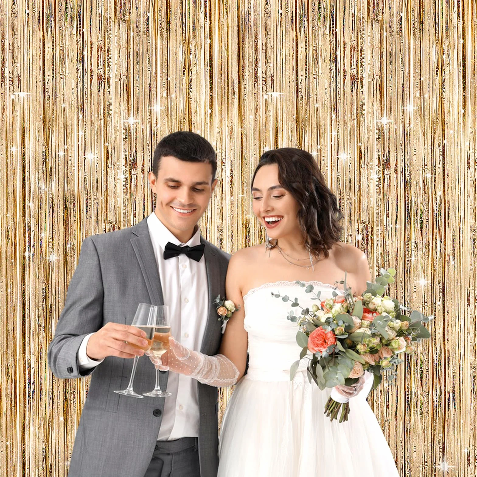G2PLUS Rideau Métallique Frange Scintillants 2PCS Anniversaire Fête Photo Fond Décoration Champagne Doré