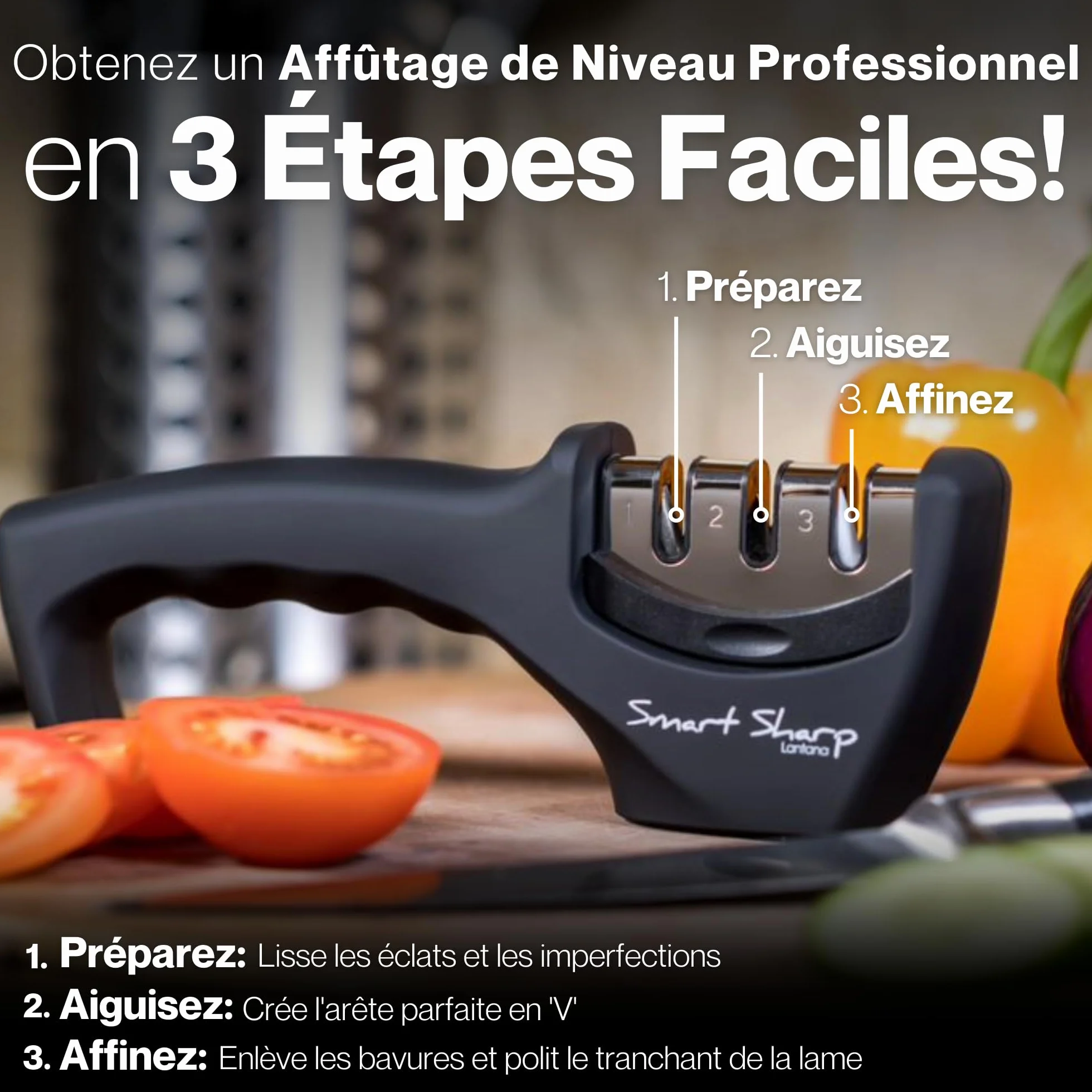 Aiguiseur à couteaux de cuisine Smart Sharp 3 phases Lantana - pierre céramique carbure tungstène diamant