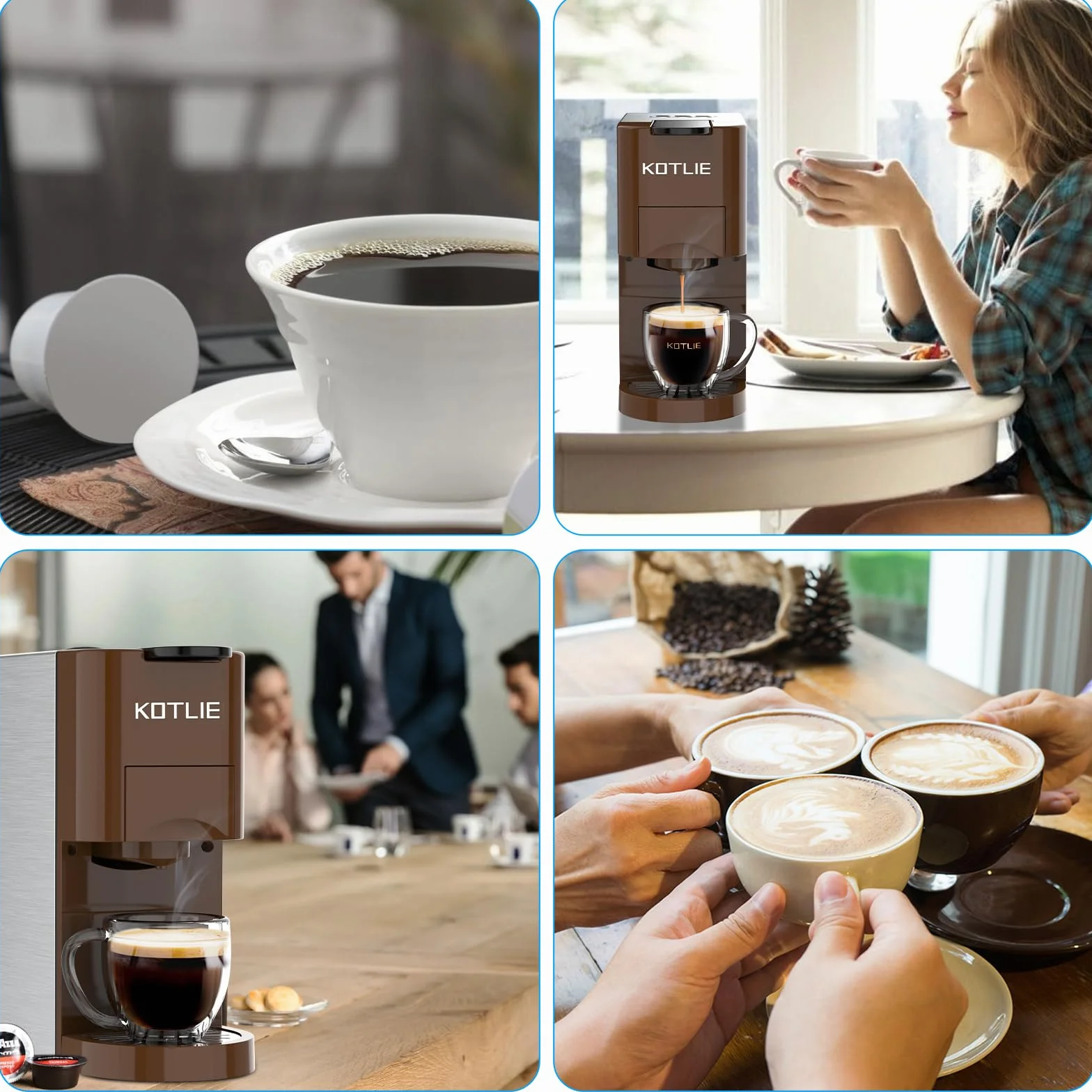 KOTLIE AC-513K 4 en 1 Multifonctionnel Machine à Café à Capsules, pour NES/DG/Café en Poudre/ESE Pod(44mm),19Bar, 0.8L réservoir de stockage d'eau(Brun)