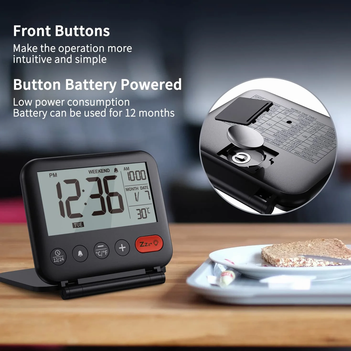 NOKLEAD Mini Horloge Numérique LCD Portable Réveil de Voyage avec Calendrier Rétroéclairé 12/24H Température Miroir Pliable Piles (Noir)
