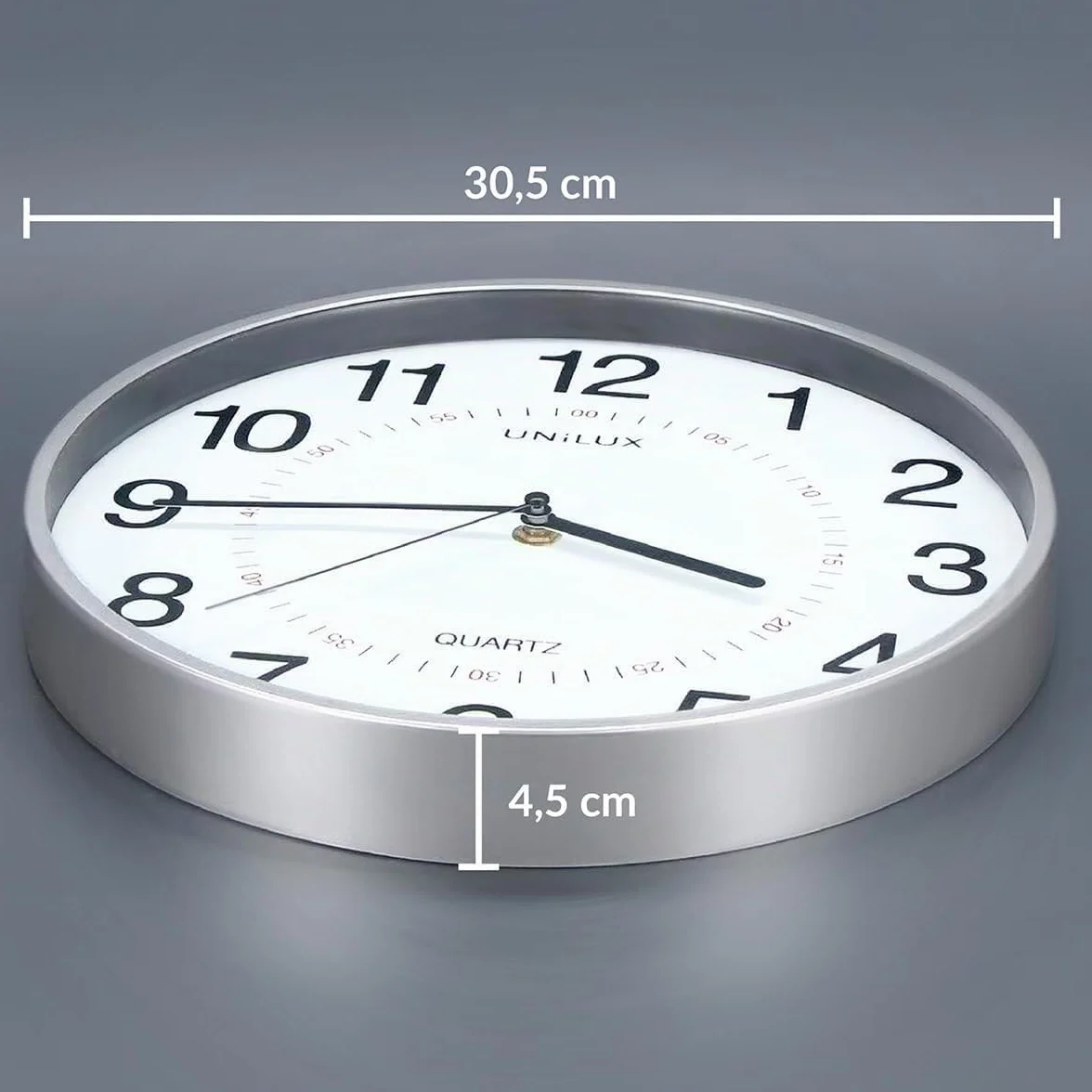 Unilux Aria Horloge Murale 30.5cm Systeme Quartz Double Affichage Métal Gris