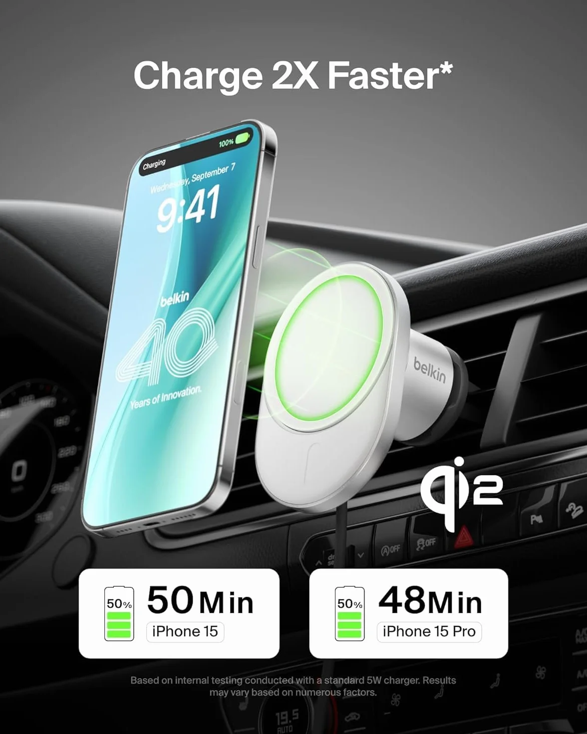 Belkin BoostCharge Pro magnetyczna bezprzewodowa ładowarka samochodowa 15W z Qi2, uchwyt samochodowy kompatybilny z MagSafe do kratki nawiewu dla iPhone 16-13, w zestawie kabel USB-C na USB-C (1,5 m)