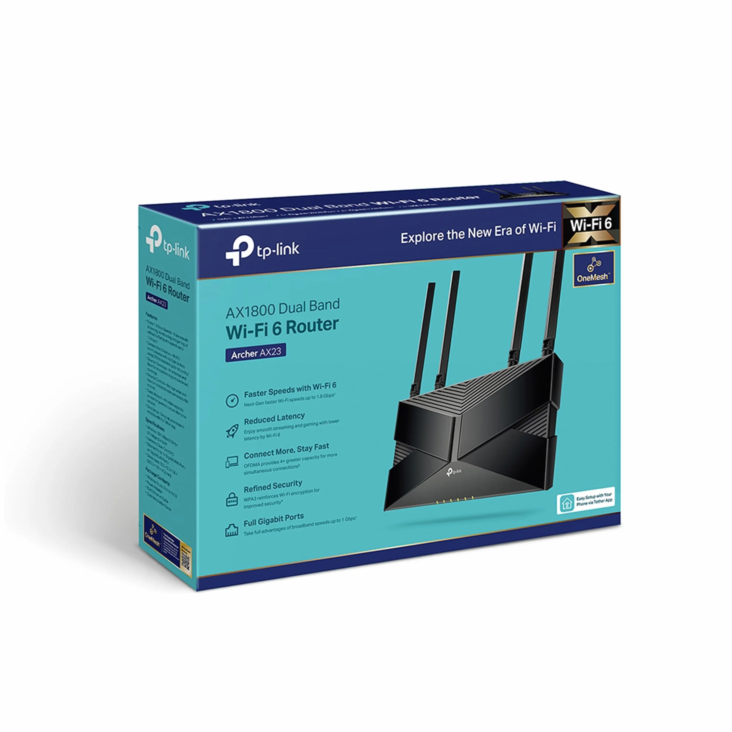 TP-Link Archer AX23, Router WiFi 6 AX1800, Dwupasmowy 5 GHz i 2.4 GHz, 4 anteny wysokiego zysku, OFDMA i MU-MIMO, Porty Gigabit, Wsparcie OneMesh, Kontrola rodzicielska, Kompatybilny z Alexa, Czarny