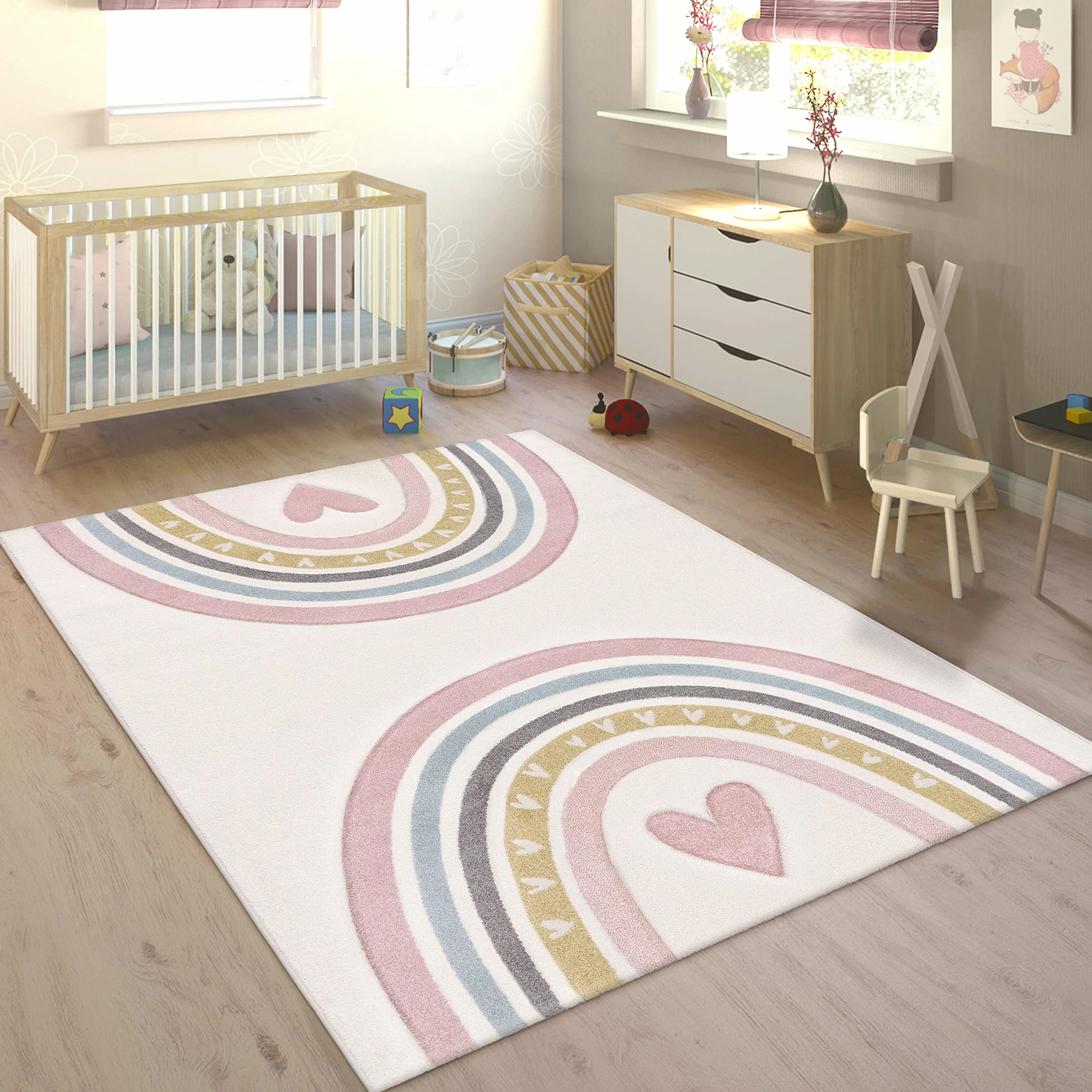 Paco Home Tapis Enfant Arc-en-Ciel Coeur 3D Rose Crème 120x170 cm