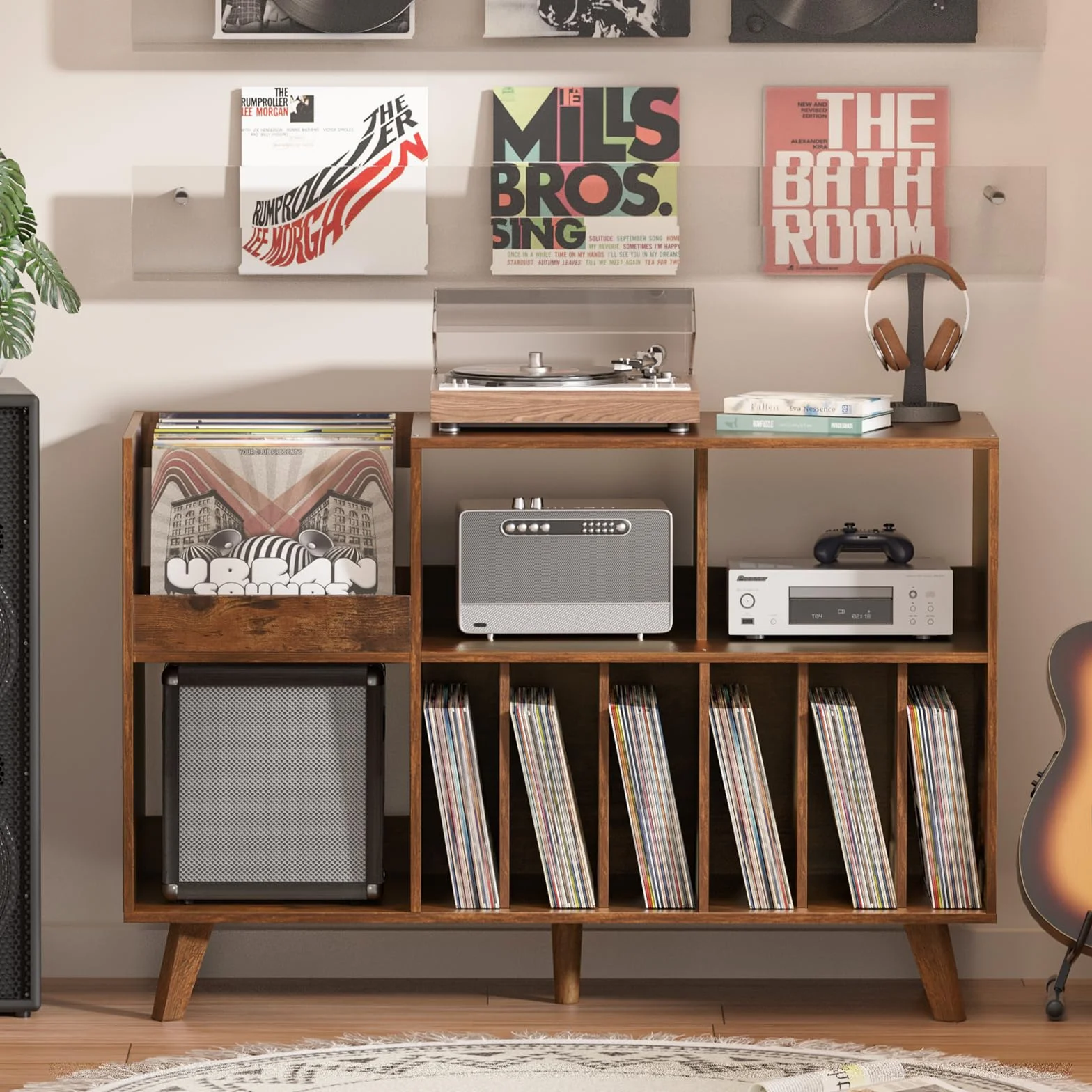 LELELINKY Grand support de tourne-disque avec rangement, support en vinyle avec zone d'affichage, table de tourne-disque pouvant contenir jusqu'à 450 albums, support de disque pour salle de musique
