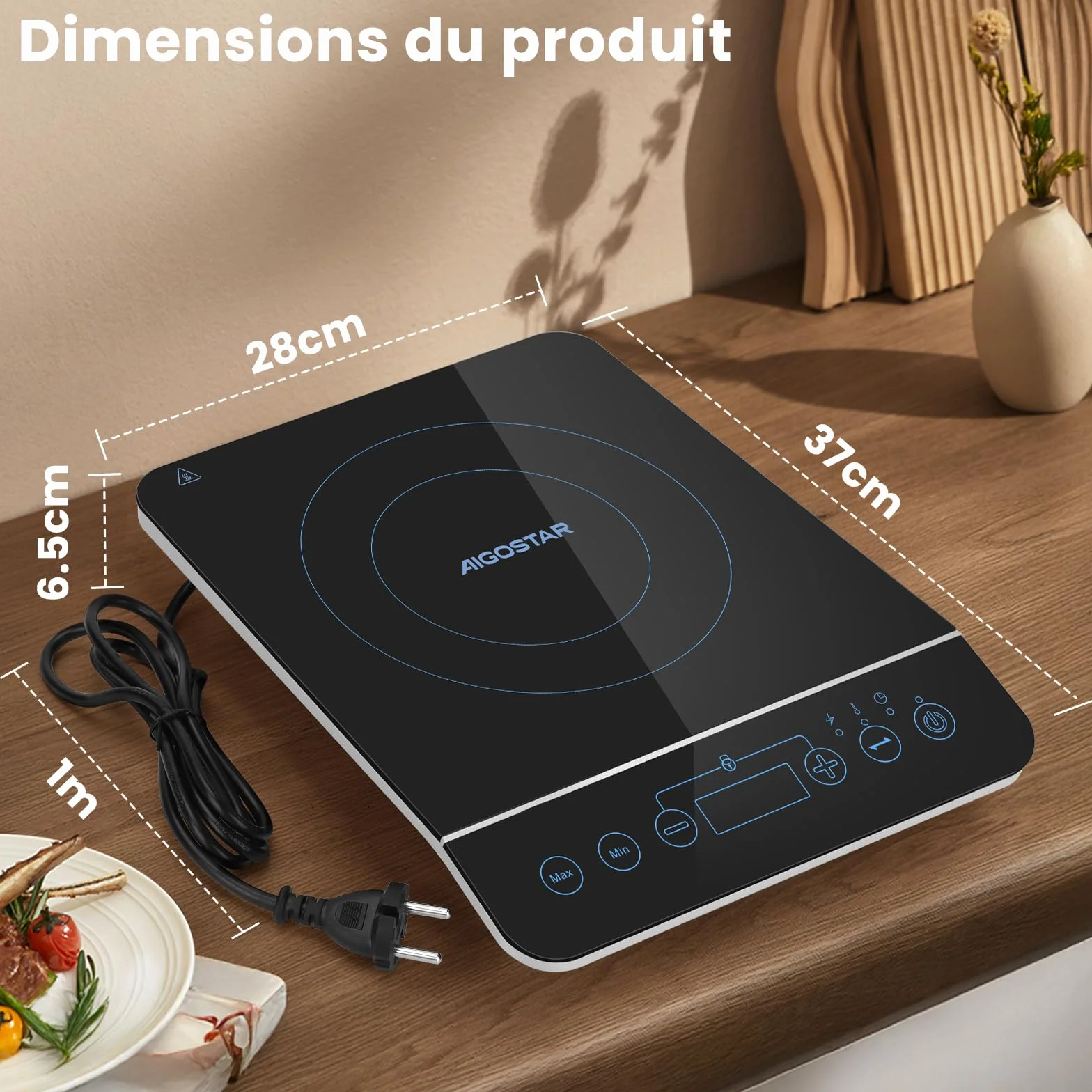 Aigostar BlueFire 30PKZ - Plaque à induction portable 10 puissances. Tactile, programmable, chauffe rapide. Écran LED. 2000W, noir.
