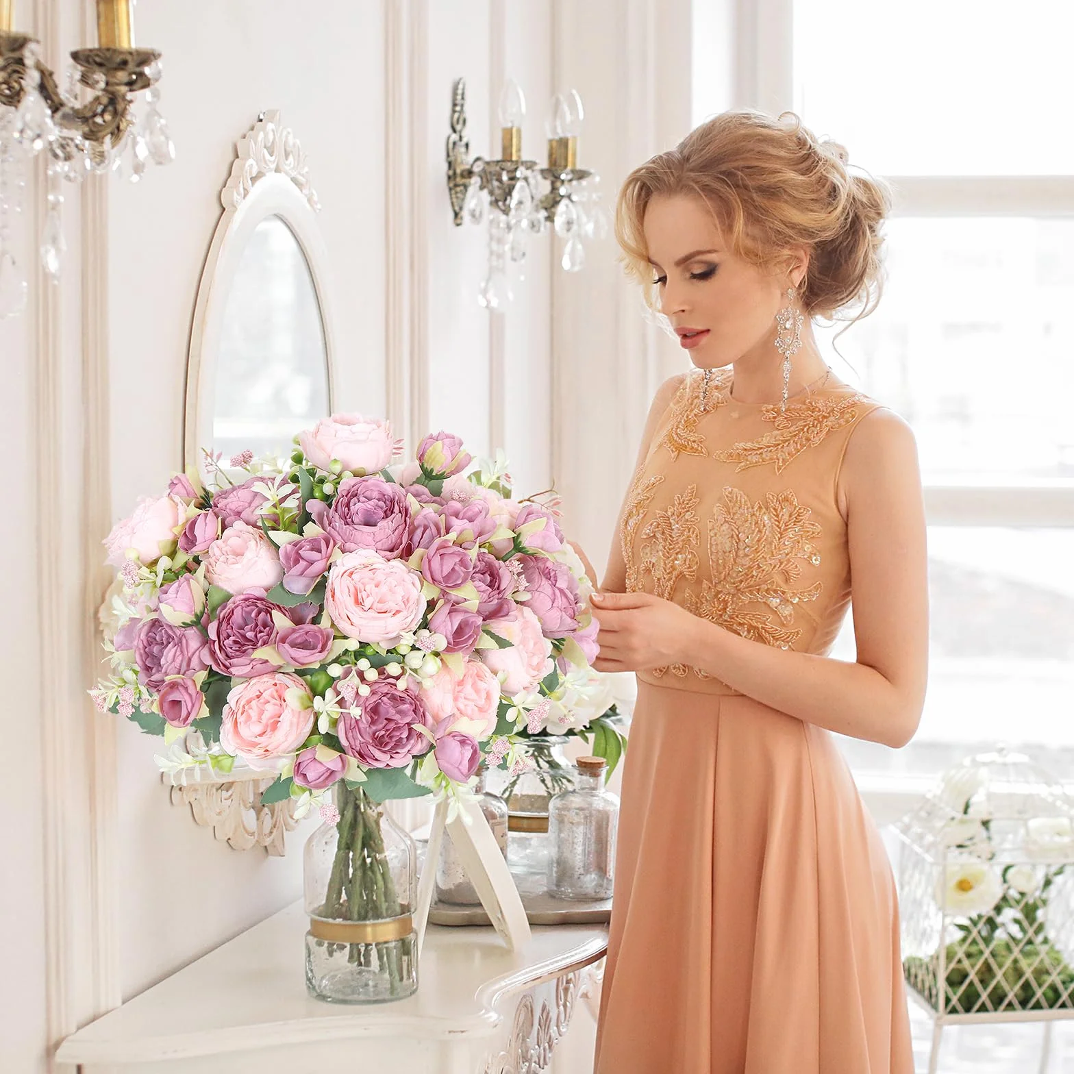 Bouquets de Pivoines Artificielles en Soie SOMYTING Lot de 2 pour Mariage, Décoration Centre de Table Rose Mélangé