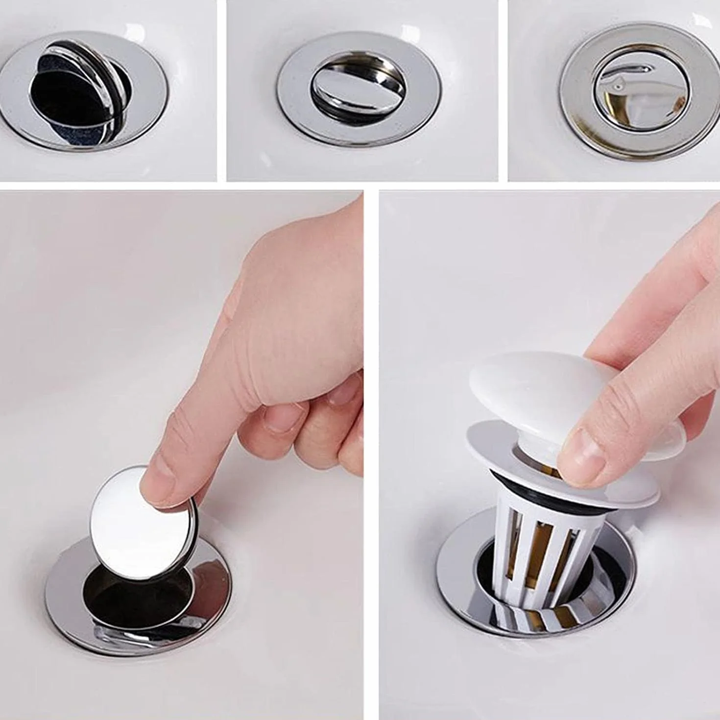 Bonde Lavabo Universel Céramique Blanc Pop Up avec Filtre Anti-Clogging 34-40mm