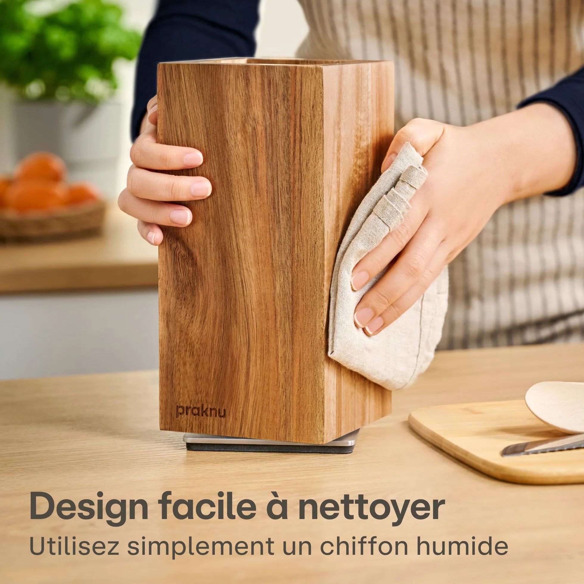 Praknu Bloc Couteaux Magnétique - 360° Rotatif Sans Couteaux FSC® Bois d'Acacia avec Espace pour Ustensiles de Cuisine - Aimant Puissant des Deux Côtés - Antidérapant