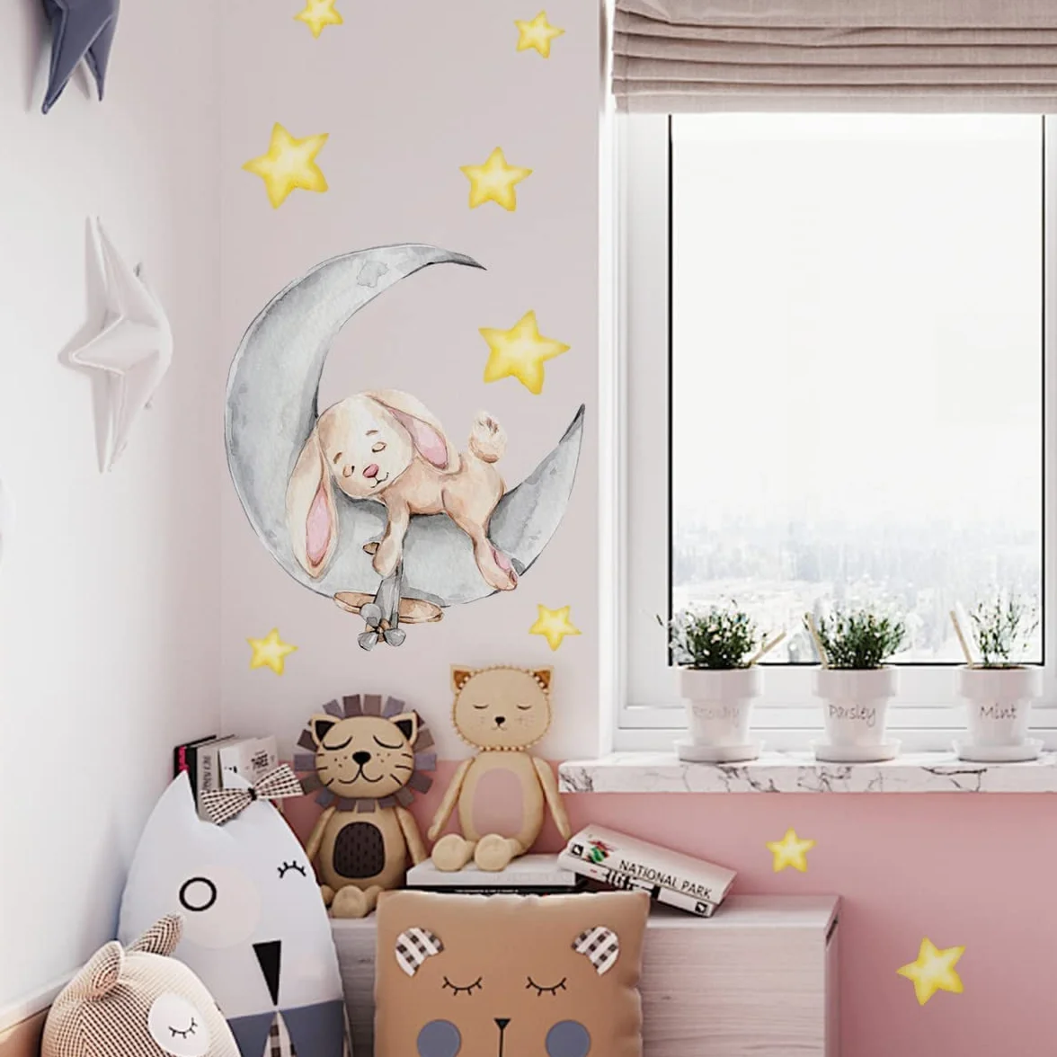 WandSticker4U Stickers Muraux Enfants LAPIN SUR LA LUNE 58x48 cm Autocollants Décoratifs Animaux Forêt Étoiles