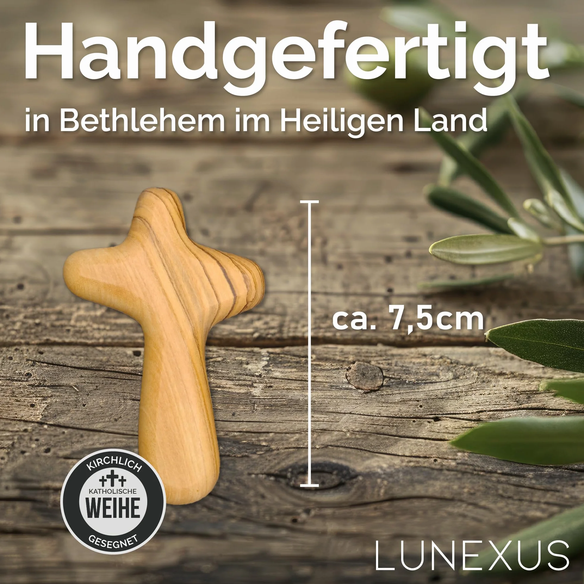 Lunexus Croix de réconfort 7,5 cm en bois d'olivier de Bethléem bénie pour guérison, pèlerin, communion