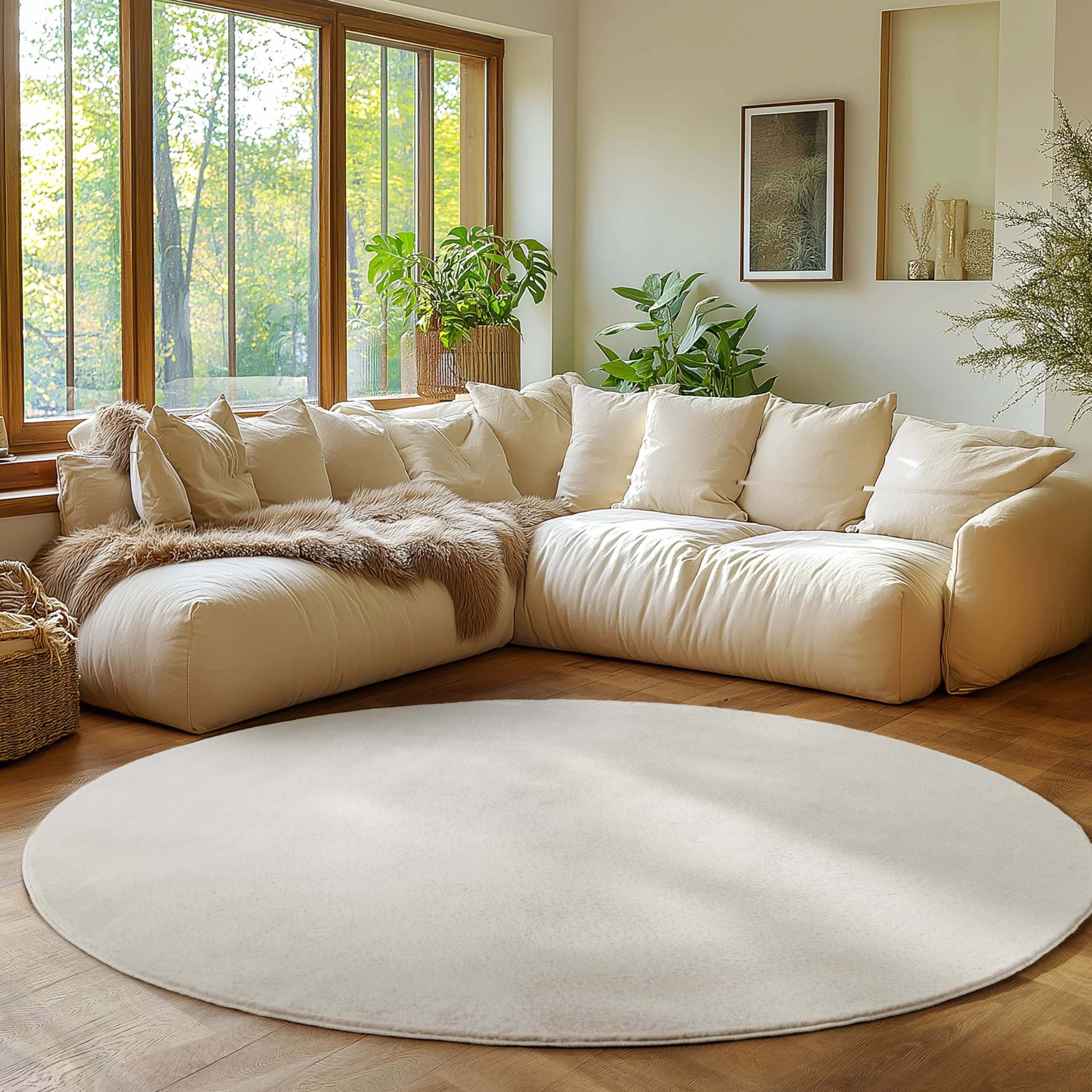 SIMPEX Tapis Rond Crème 200 cm Tapis à Poils Courts Lavable, Rond, Doucement Antidérapant et Design Monochrome Moderne pour Salon, Chambre, Cuisine et Chambre d'enfant