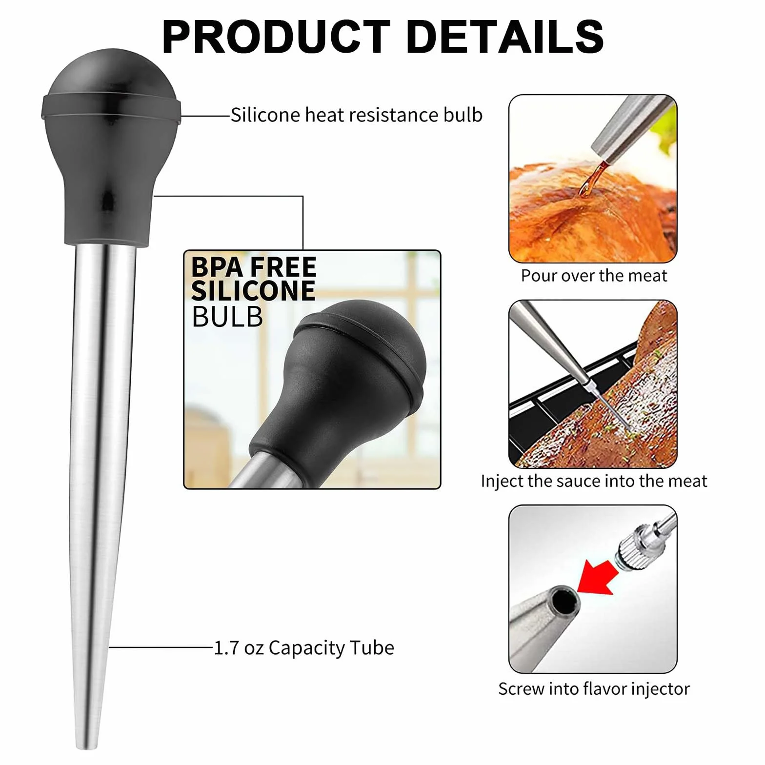 Seringue Alimentaire Poire à Sauce en Acier Inoxydable 304, Pipette INOX avec Clips Alimentaires