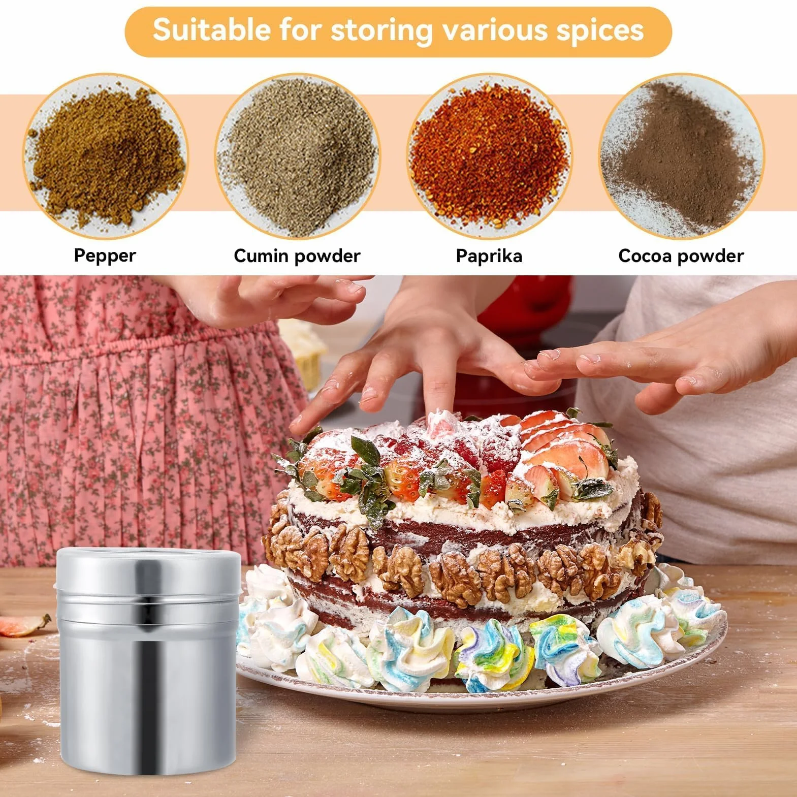 Lot de 3 saupoudreuses en acier inoxydable (7,1 x 5,1 cm) avec couvercles – Pour sucre glace, cacao, farine, épices – Idéal pour pâtisserie et café