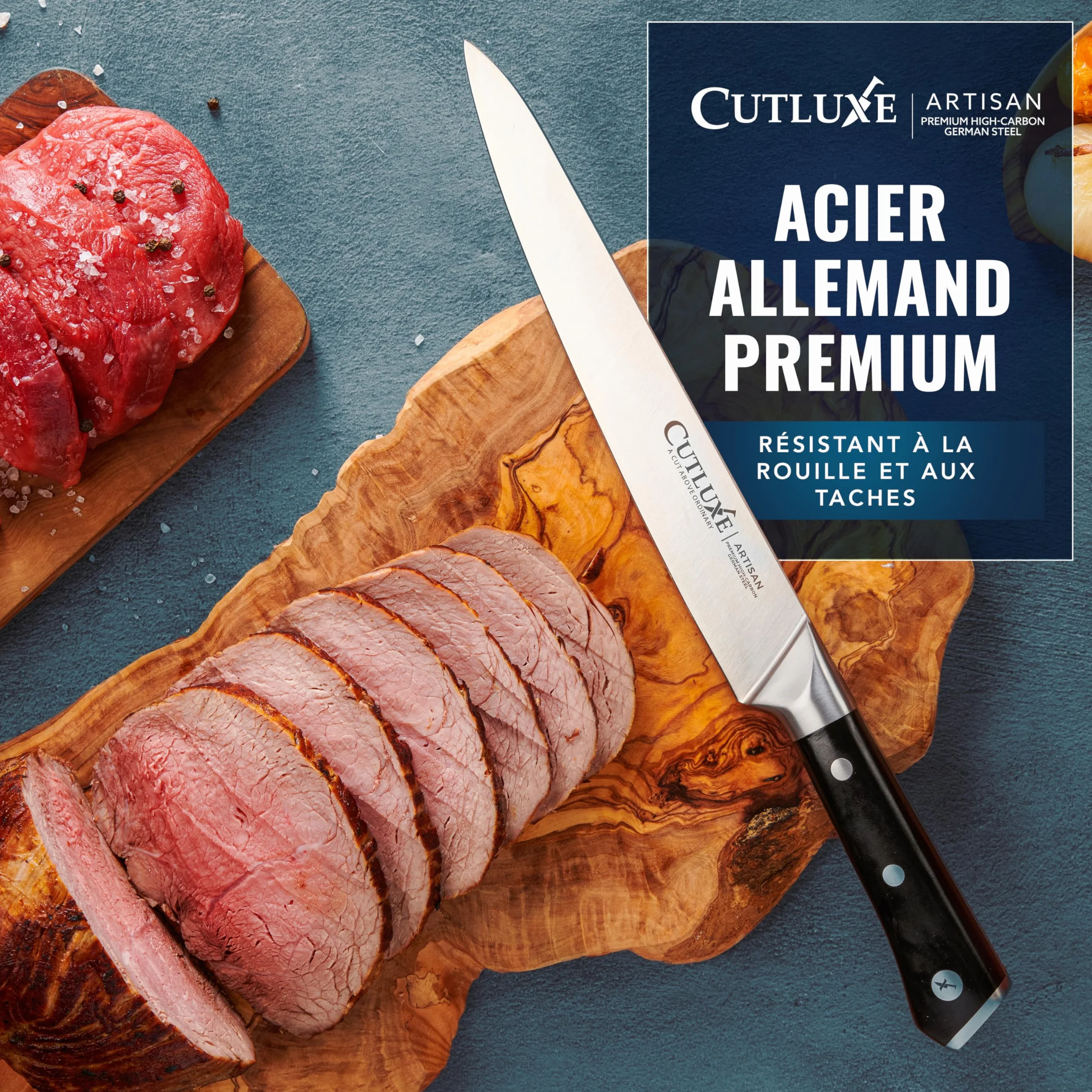 Cutluxe Ensemble de couteaux à découper pour la dinde - Couteau et fourchette pour viande, brisket, BBQ - Lame en acier allemand affûtée - Soie complète, poignée ergonomique - Série Artisan