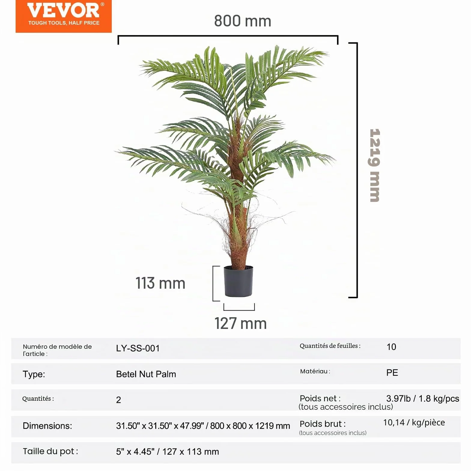 VEVOR Arbre Artificiel 1219 mm Plante Artificielle PE Palmier à Noix de Bétel 2 Faux Arbres Vert avec Pot