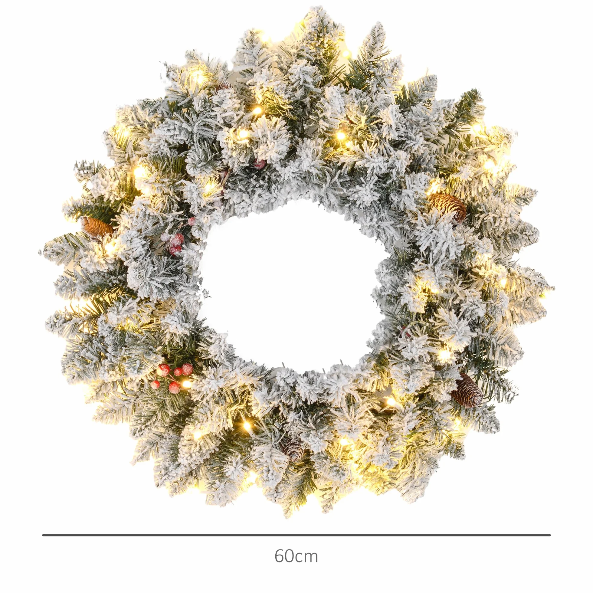HOMCOM Couronne de Noël Porte givrée Artificielle 60 CM décoration de Noël Lumineuse avec Pommes de pin et Baies Rouges, lumières LED et minuterie, pour Porte, fenêtre ou cheminée, Vert