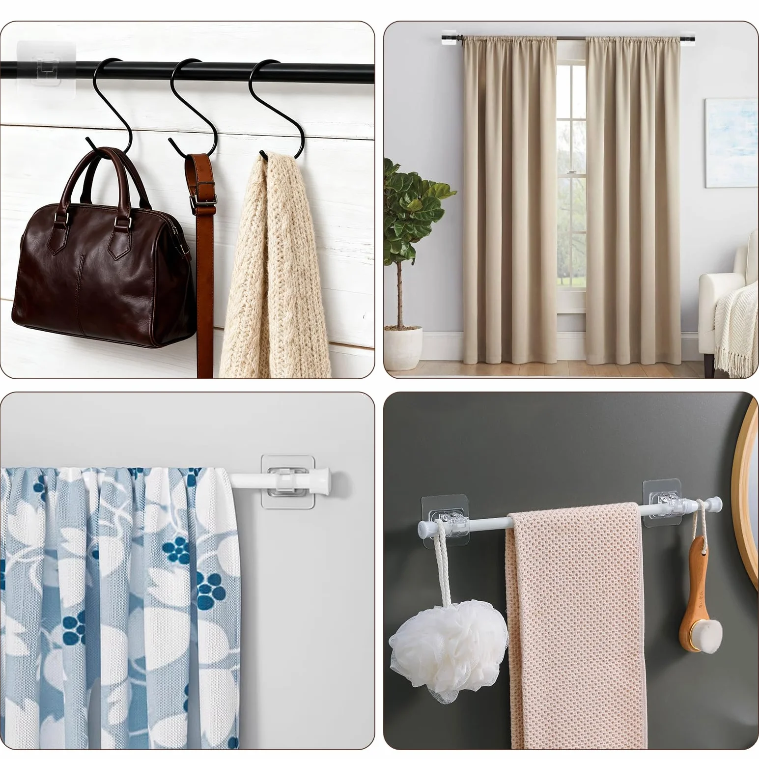 12 Pièces Support Tringle Rideaux sans Percage, Crochet Rideau Adhesifs Transparent pour Porte-Serviettes