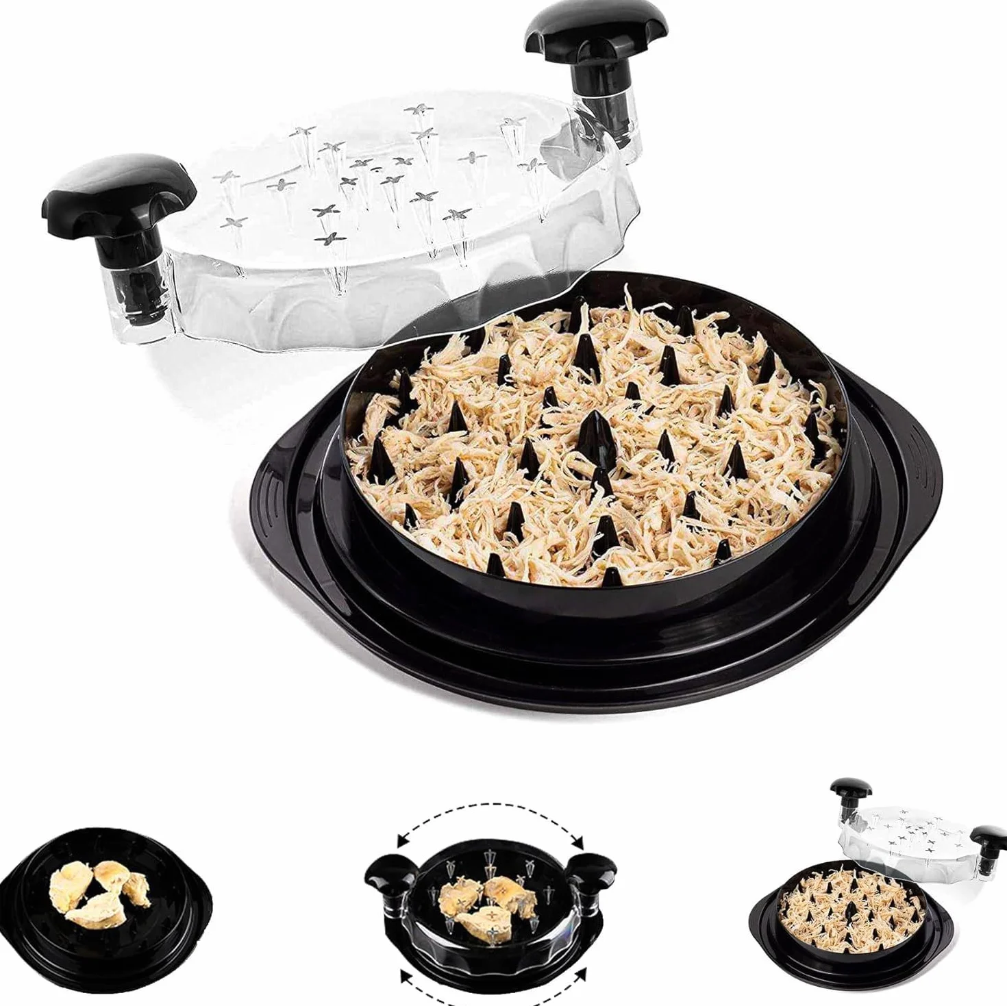 Broyeur de poulet outil déchiquetage viande poignées sans BPA antidérapant couvercle transparent 25 cm noir