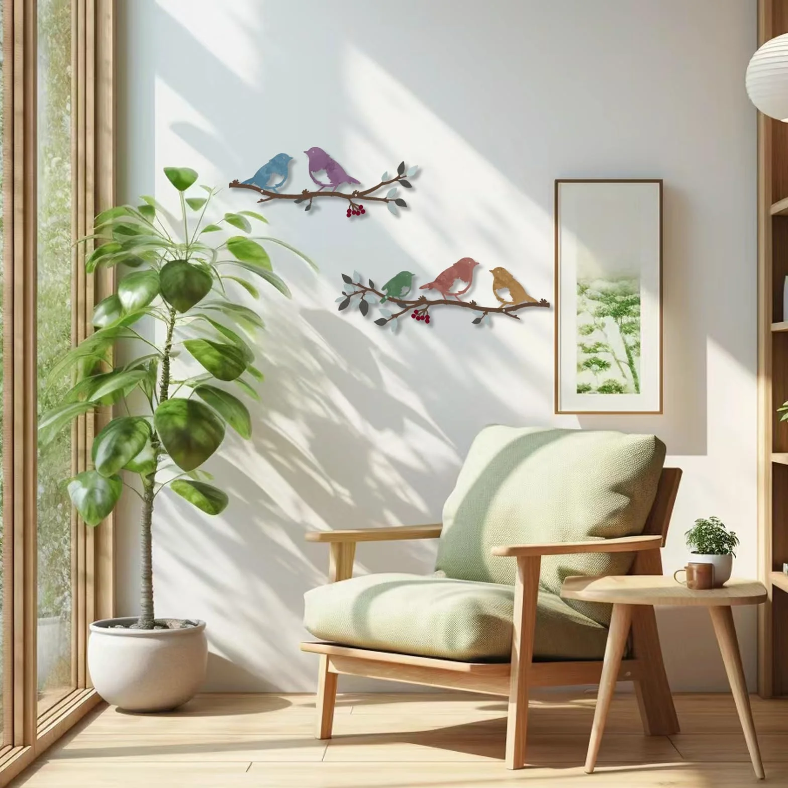 Lot de 2 oiseaux muraux en métal sur une branche, Décoration murale feuilles silhouette oiseaux, Décoration jardin balcon