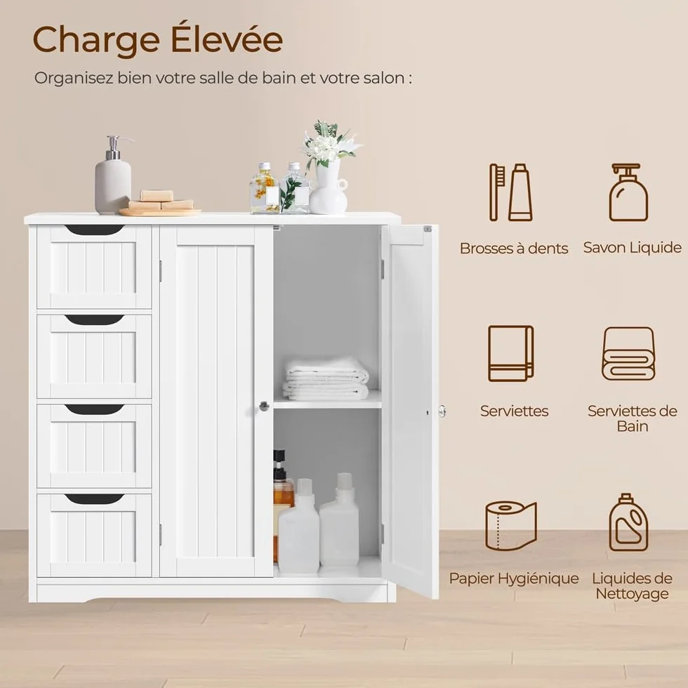 Yaheetech Meuble Salle de Bain Rangement, Armoire Toilette, avec 4 Tiroirs et 1 Large Placard, 1 Etagère Intérieure, 81 × 30 × 83 cm, Grande Commode Chambre Cuisine Blanc