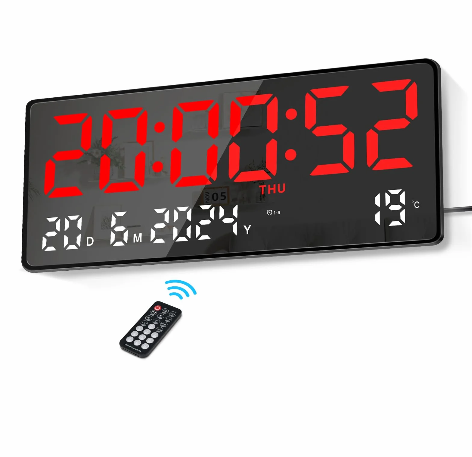 Lafocuse 15.5" LED Horloge Murale Numérique Grande Horloge de Bureau Digitale avec Télécommande