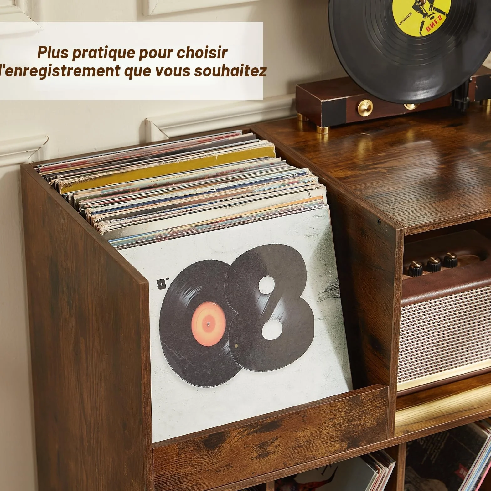 LELELINKY Grand support de tourne-disque avec rangement, support en vinyle avec zone d'affichage, table de tourne-disque pouvant contenir jusqu'à 450 albums, support de disque pour salle de musique
