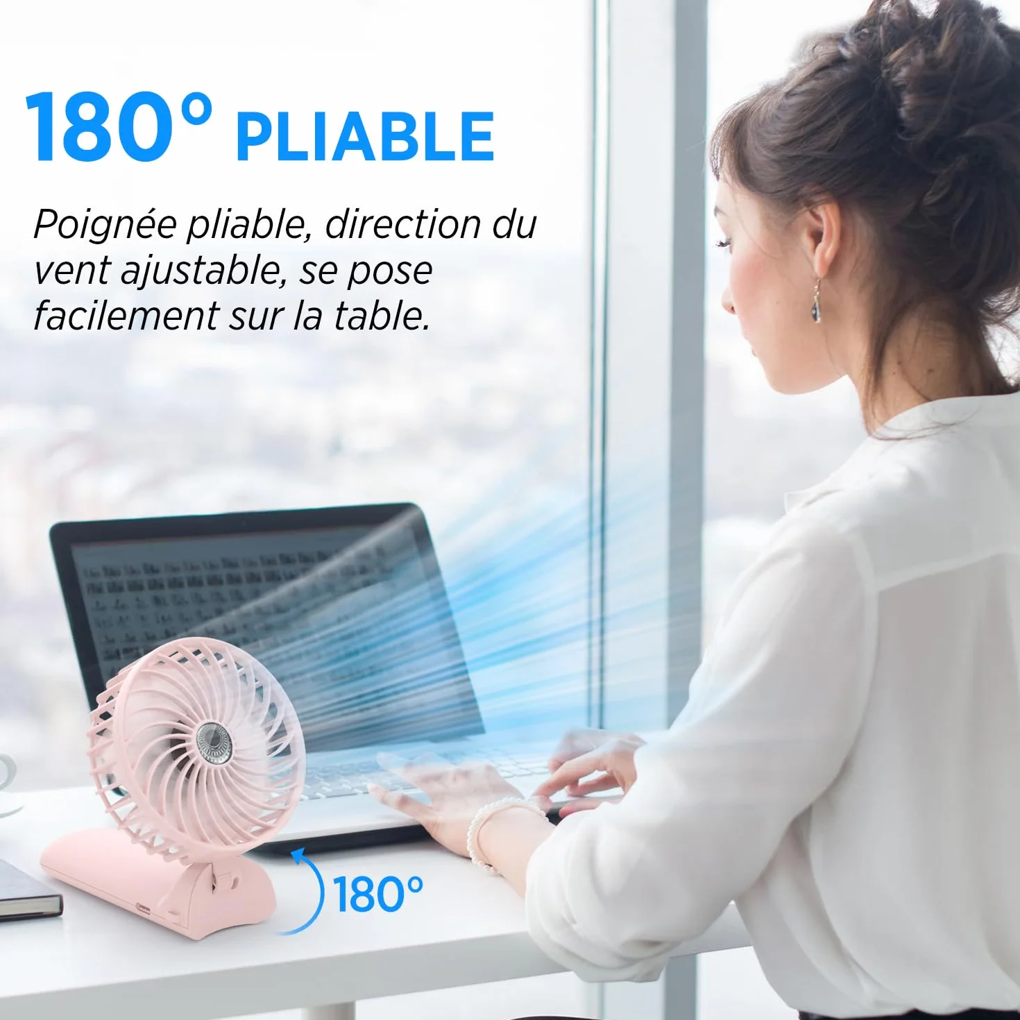 Lepwings Mini Ventilateur Portable USB Rechargeable 4 Vitesses Autonomie 5,5-16 Heures Rotation 180° Pliable Blanc