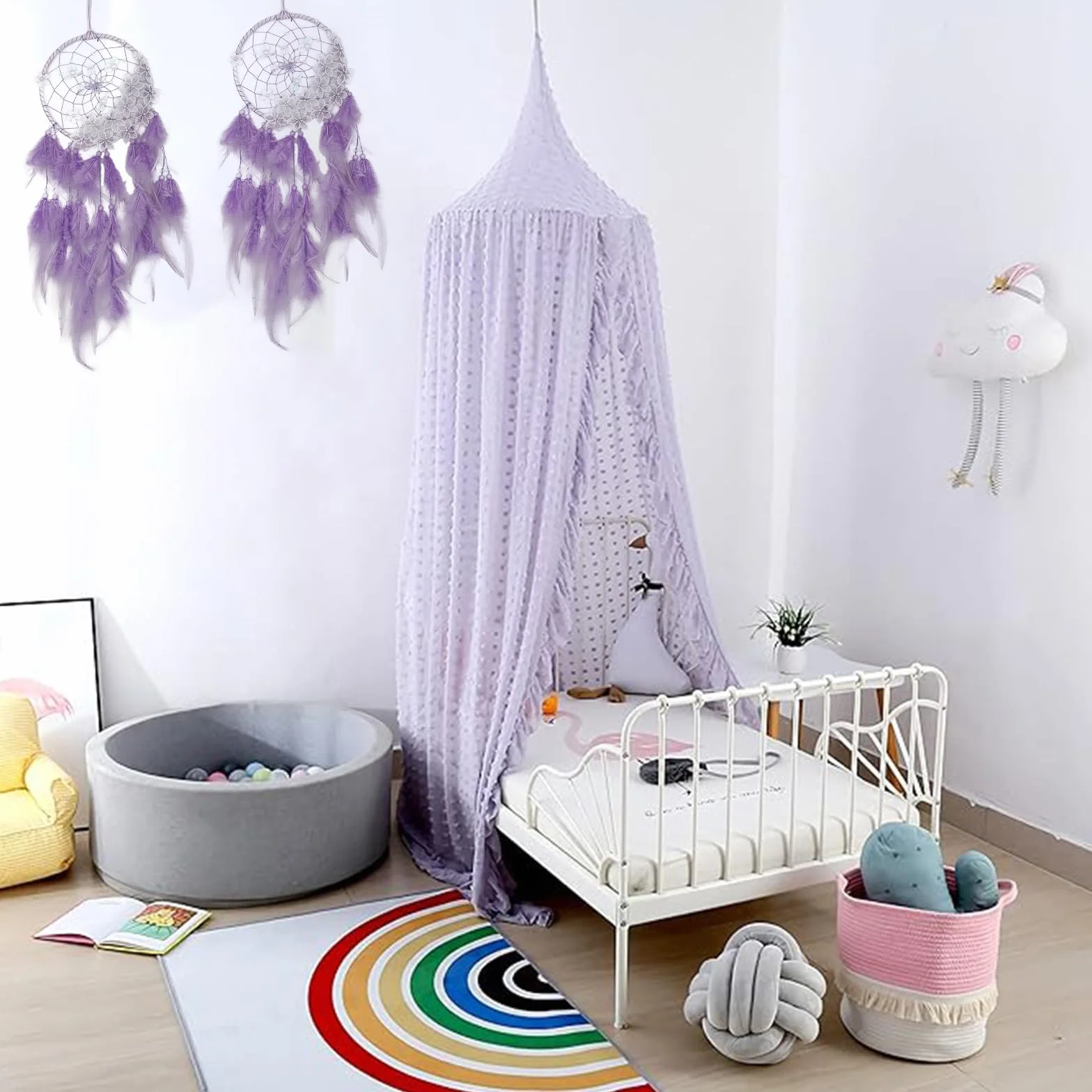 Attrape Rêve Géant Violet avec Plumes, Handmade Capteur de Rêves Décoration Murale