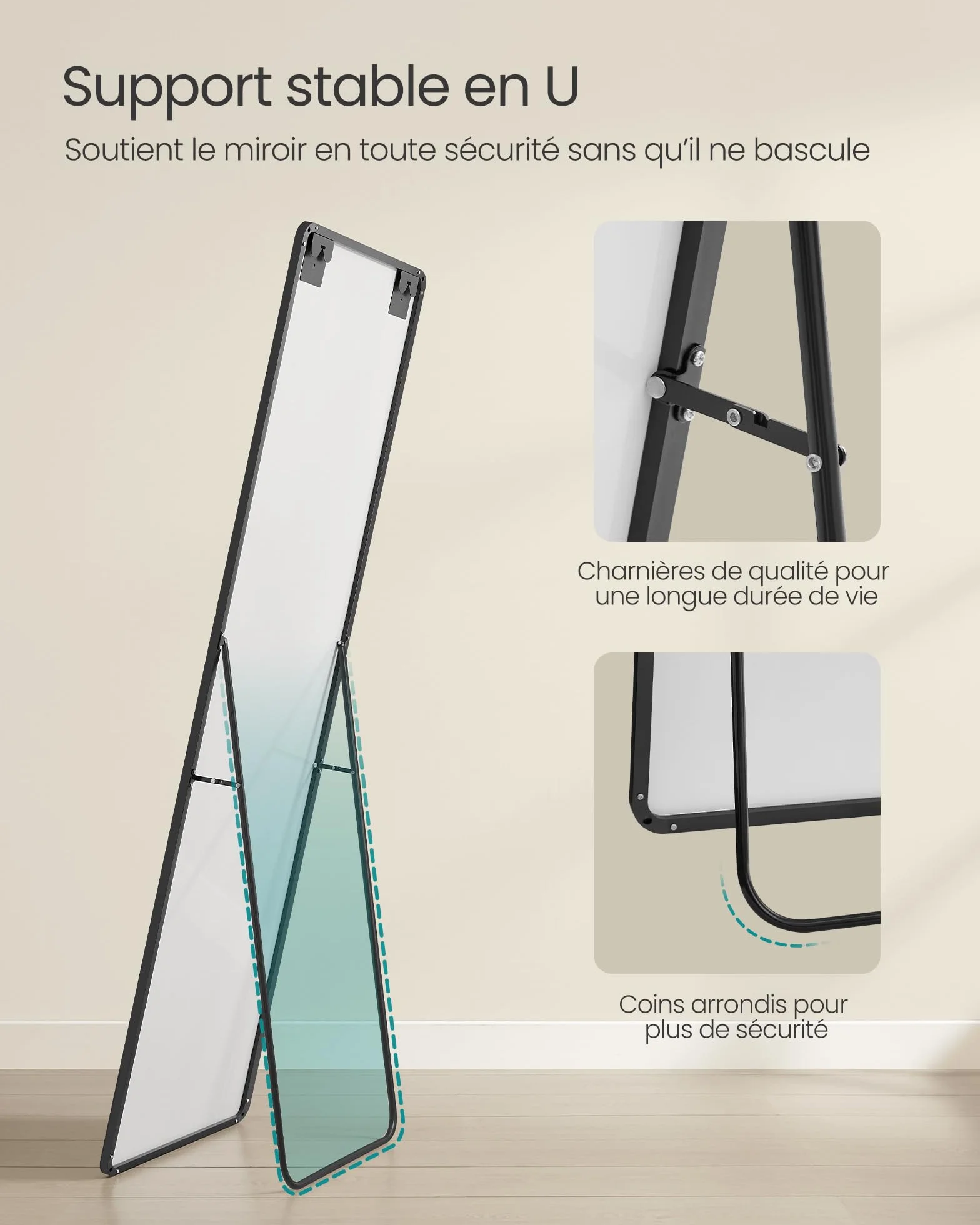 SONGMICS Miroir Intégral 165 x 50 cm Miroir Rectangulaire sur Pied Cadre en Alliage d’Aluminium Verre Trempé Noir d’Encre LFM030B01
