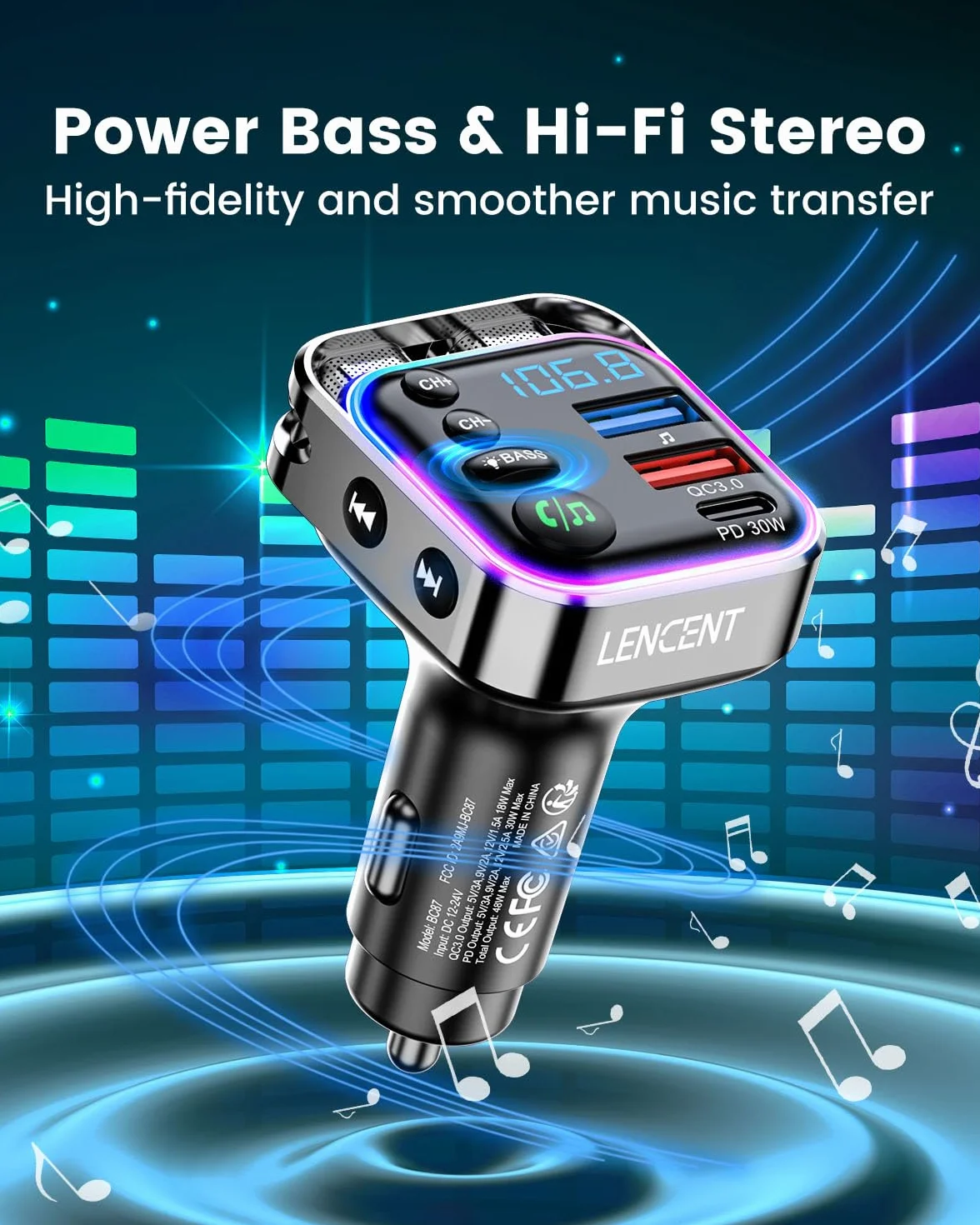 Lencent Bluetooth 5.3 nadajnik FM 48 W (PD30W i QC18W) szybka ładowarka, włącznik światła, dźwięk Hi-Fi bas, odtwarzacz muzyki, obsługa