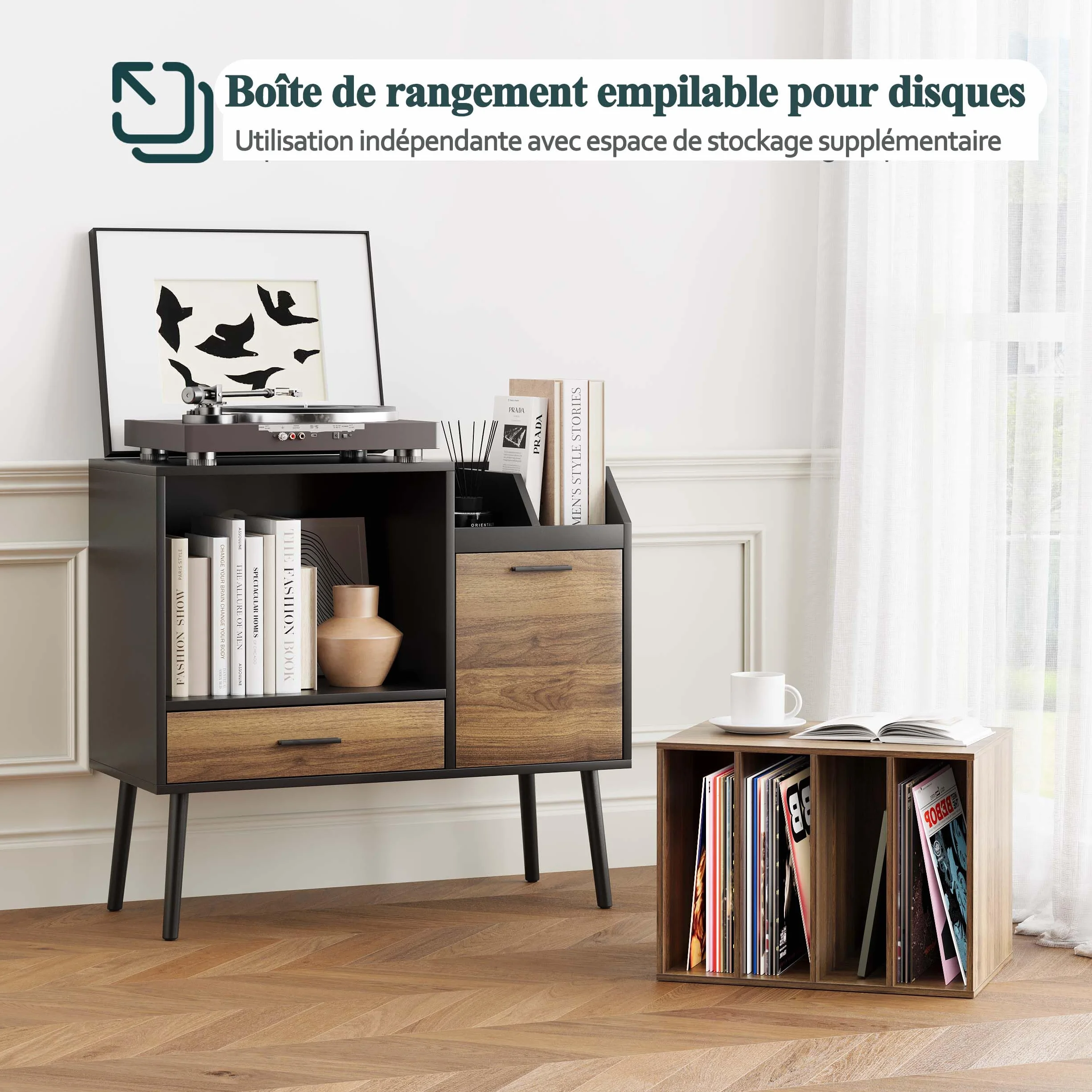 Semiocthome Support de Tourne-Disque avec Caisse en Vinyle, Table de Rangement avec tiroir et Pieds massifs, Plateau pour platines tournantes (Grande)