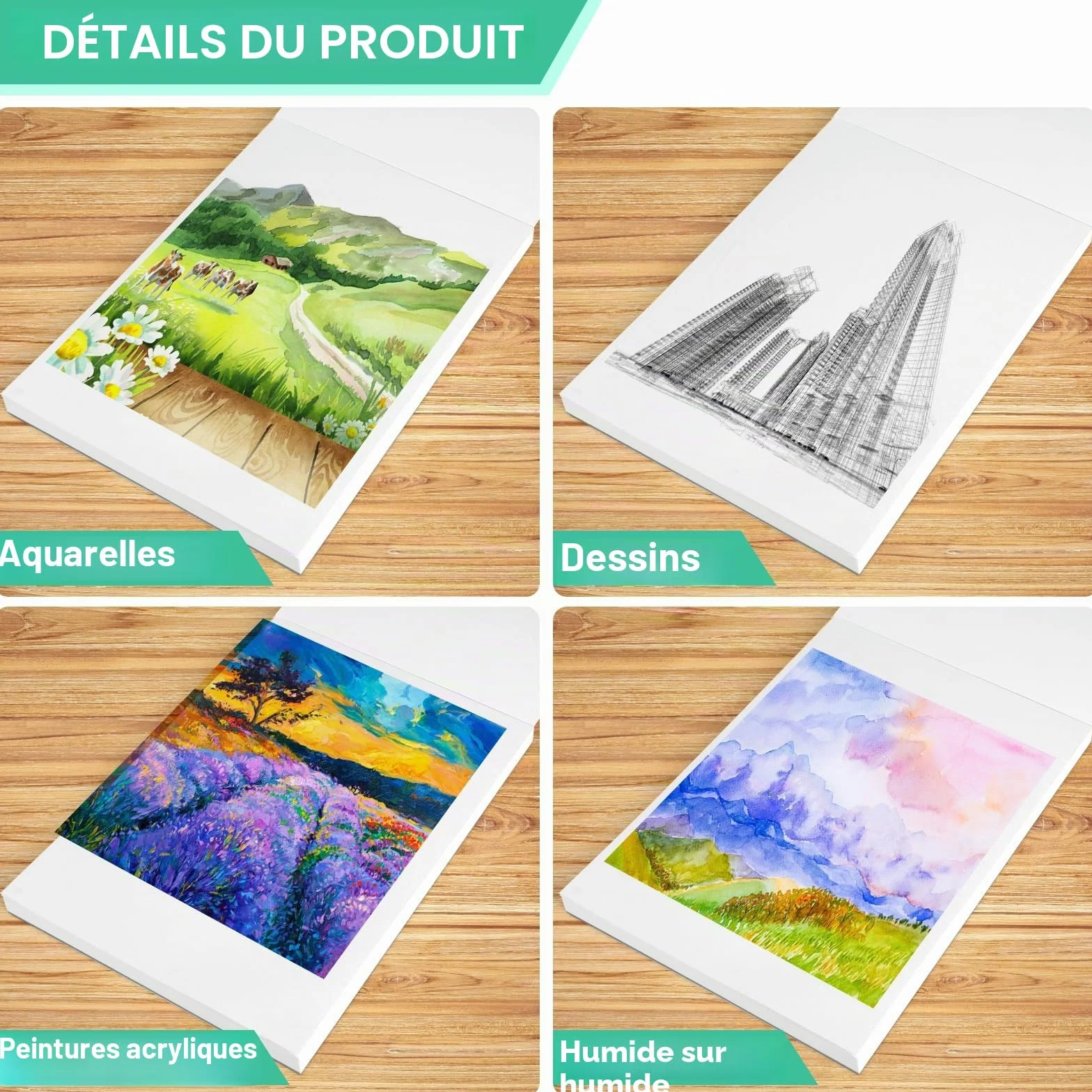 Bloc de peinture A4 300 g/m² – 30 feuilles papier aquarelle pour artistes
