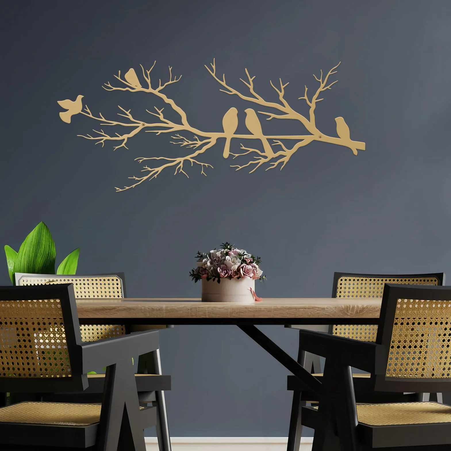 ESTART Décoration murale d'extérieur en métal Silhouette d'oiseaux sur branche Feuilles dorées Sculpture murale