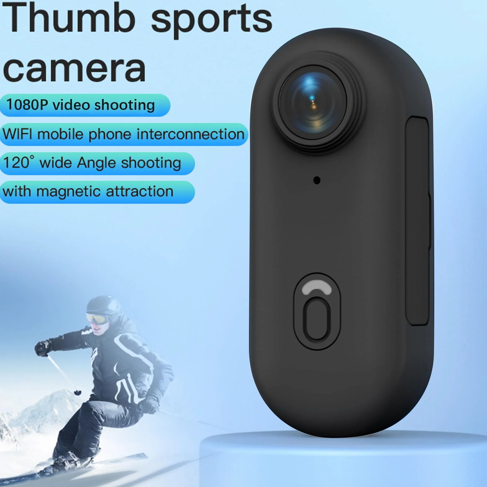 Kamera sportowa WiFi 1080p, obiektyw szerokokątny 120°, wbudowany akumulator 800 mAh z magnetycznym paskiem do noszenia, klips wsteczny, wodoszczelna obudowa, karta TF 32 GB, akcesoria