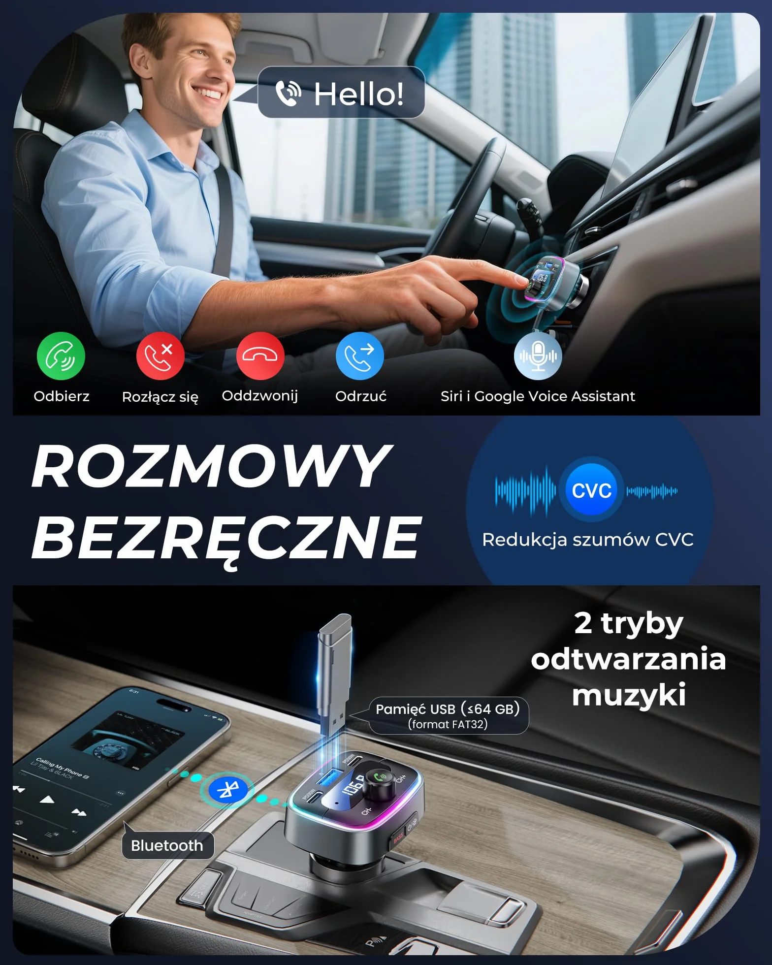 LENCENT Nadajnik FM Bluetooth 5,4, 60 W Szybkie Ładowanie z 2 USB-C (PD 30 W), darmowe rozmowy, muzyka samochodowa, głęboki bas Hi-Fi z 7 kolorami LED i pamięcią USB
