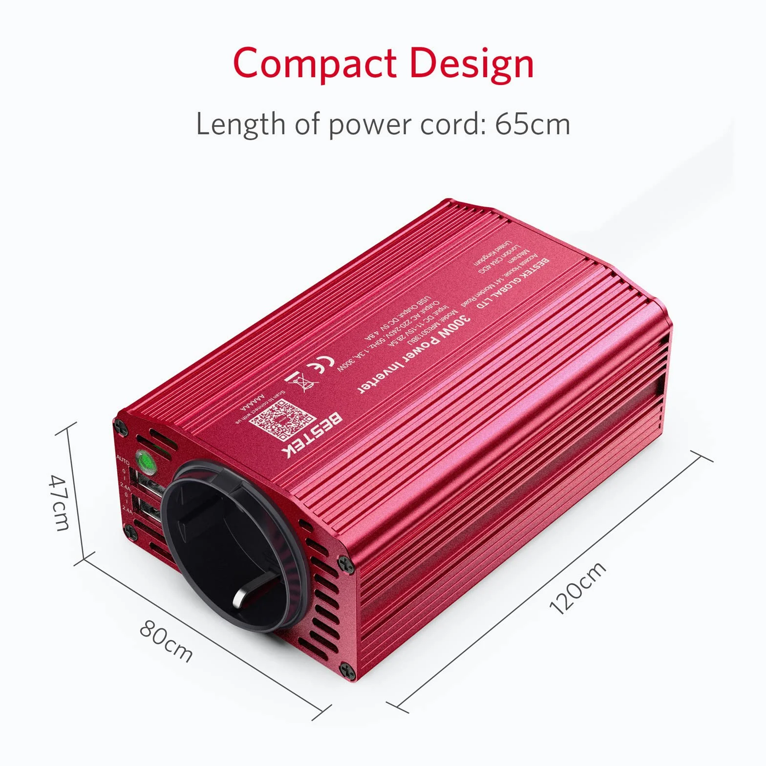 BESTEK Przetwornica napięcia 12 V 230 V 300 W zmodyfikowany falownik sinusoidalny 12 V na 230 V z gniazdem AC i 2 portami USB w zestawie wtyczka zapalniczki samochodowej, czerwona