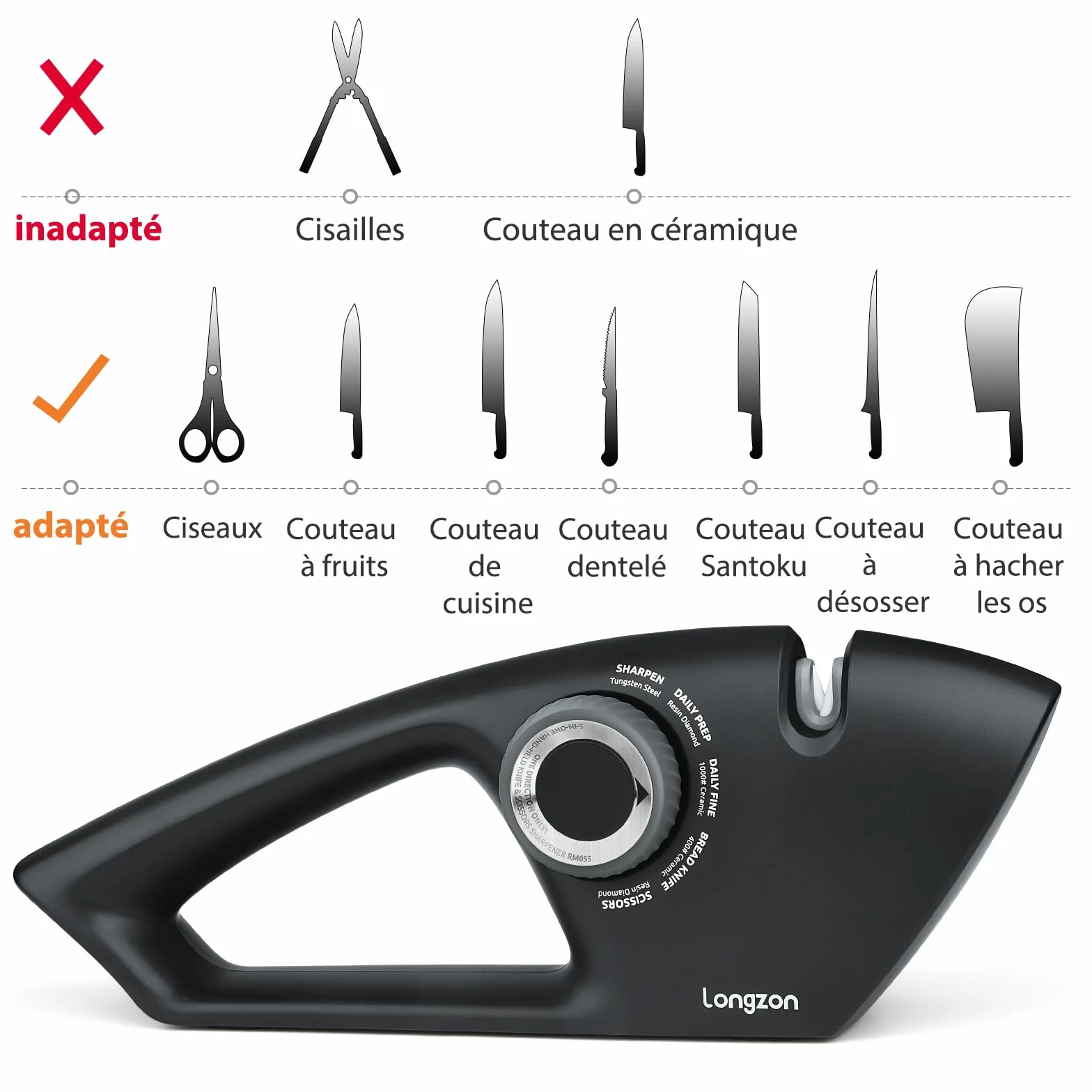 Longzon Aiguiseur Couteaux 5 en 1 Affuteur Couteau Professionnel avec Gants Anti-coupure, Manuel à Bouton Réglable pour Acier et Dentelés