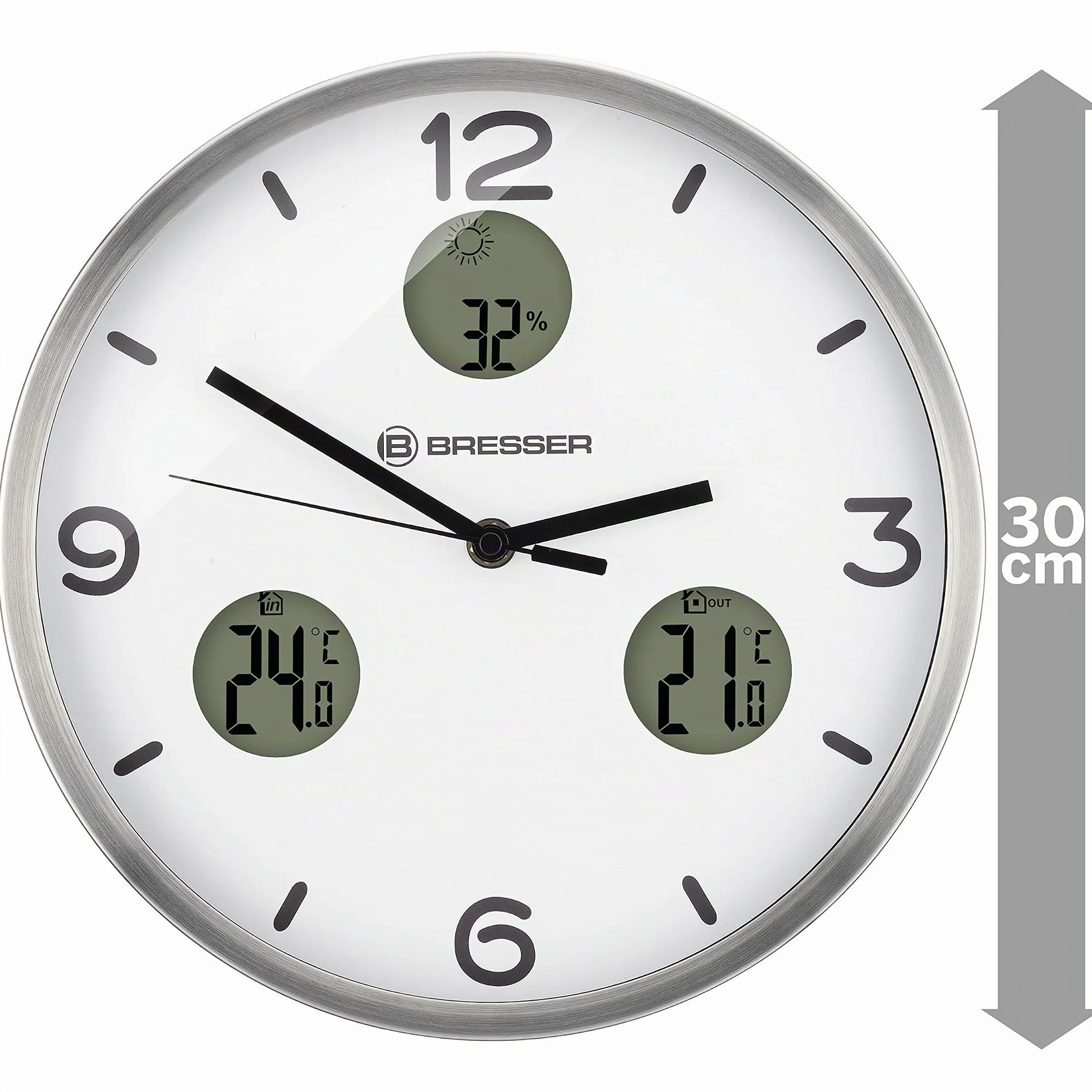 Bresser MyTime IO NX Horloge Murale Radio-pilotée avec thermomètre et hygromètre 30 cm de diamètre, Blanc.