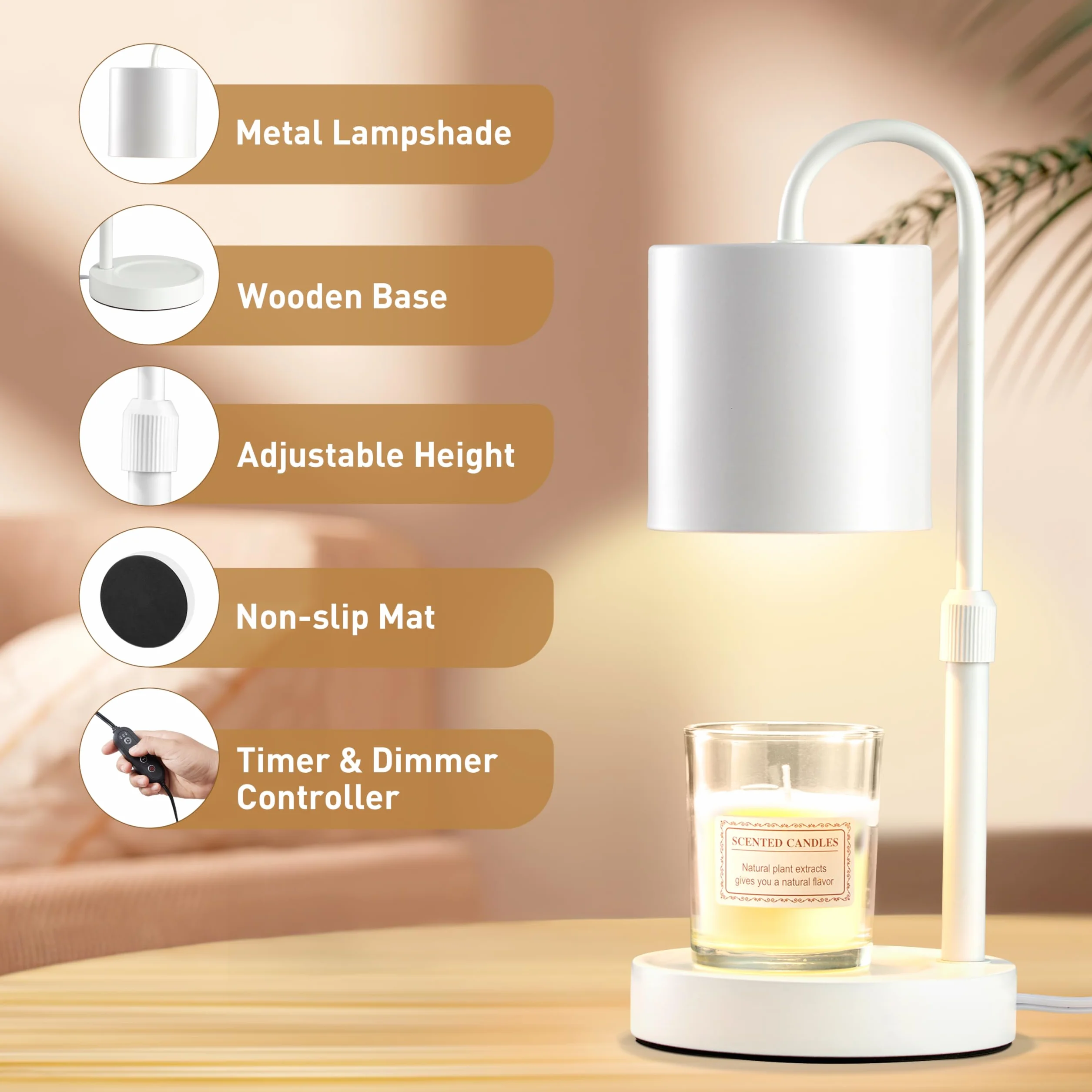 Briever Lampe chauffe-bougie électrique avec minuterie et variateur d'intensité, pour bougies en pot, hauteur réglable avec 2 ampoules et base en bois, cadeau pour femme, décoration d'intérieur, blanc