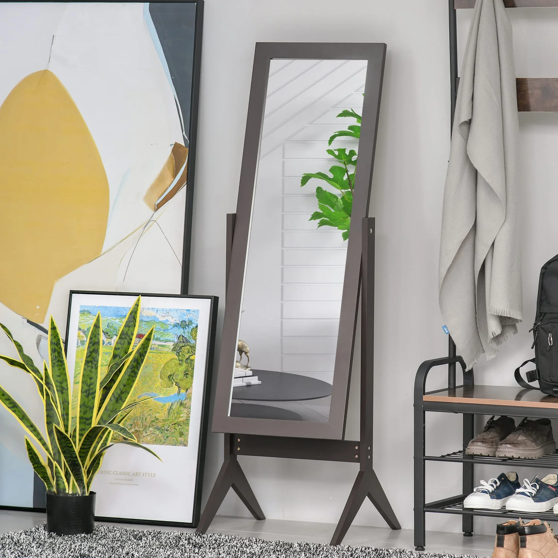 HOMCOM Miroir en Pied Grand Miroir de Sol Inclinaison réglable pour Dressing Chambre dim. 47L x 46l x 148H cm en café