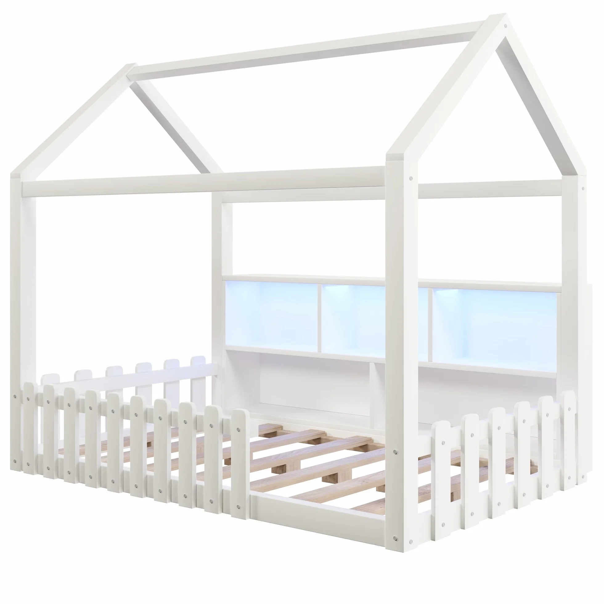 Sapgaks Lit Enfant avec éclairage LED,barrière de sécurité,Compartiments de Rangement Ouverts,lit cabane Enfants 90x 190 en pin,Cadre de lit 90 x 190 avec sommier à Lattes (Blanc 90x190)