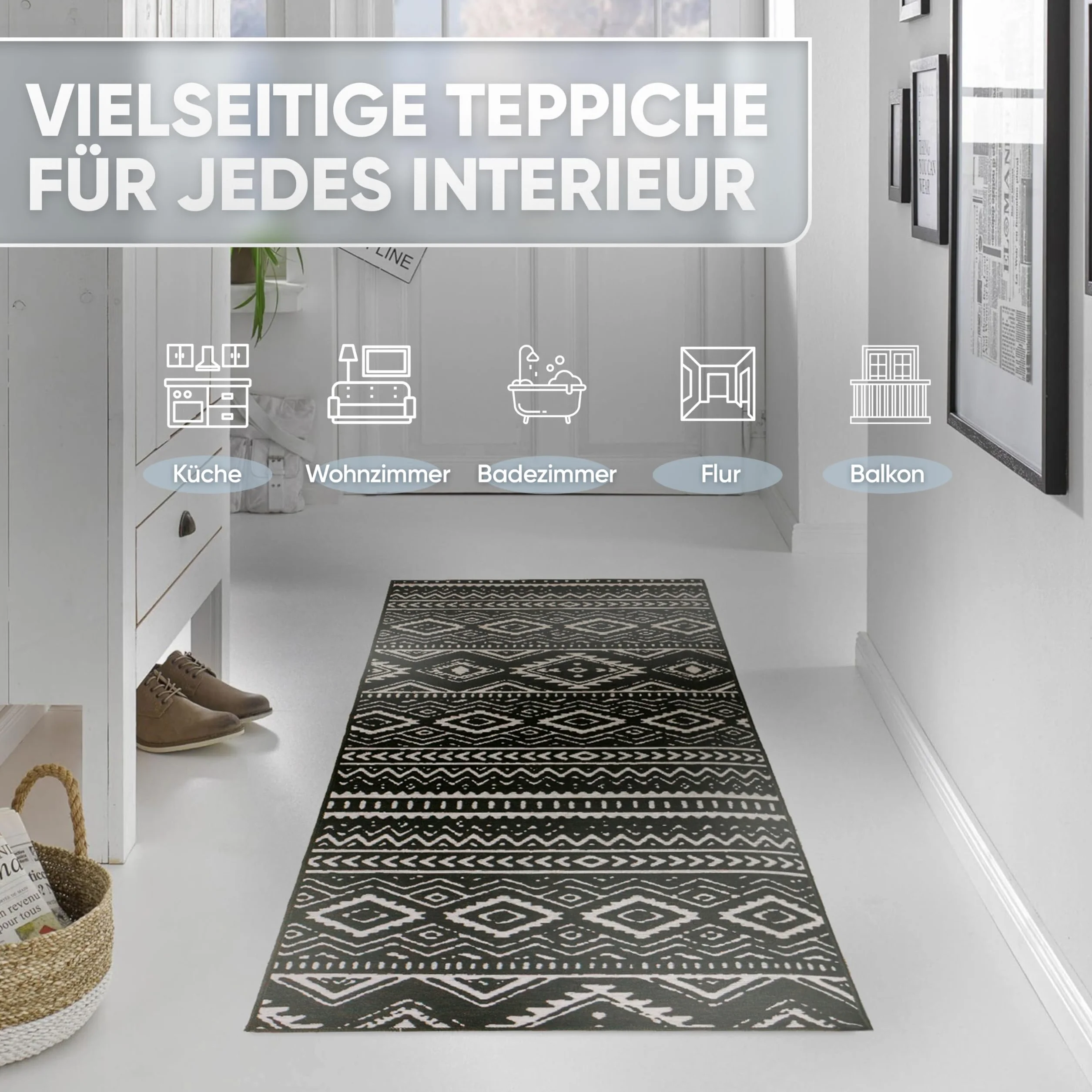 Björn&Schiller Tapis de Couloir Moderne, Long, antidérapant, pour Couloir, Chambre à Coucher et Salon, 60 x 180 cm, Noir