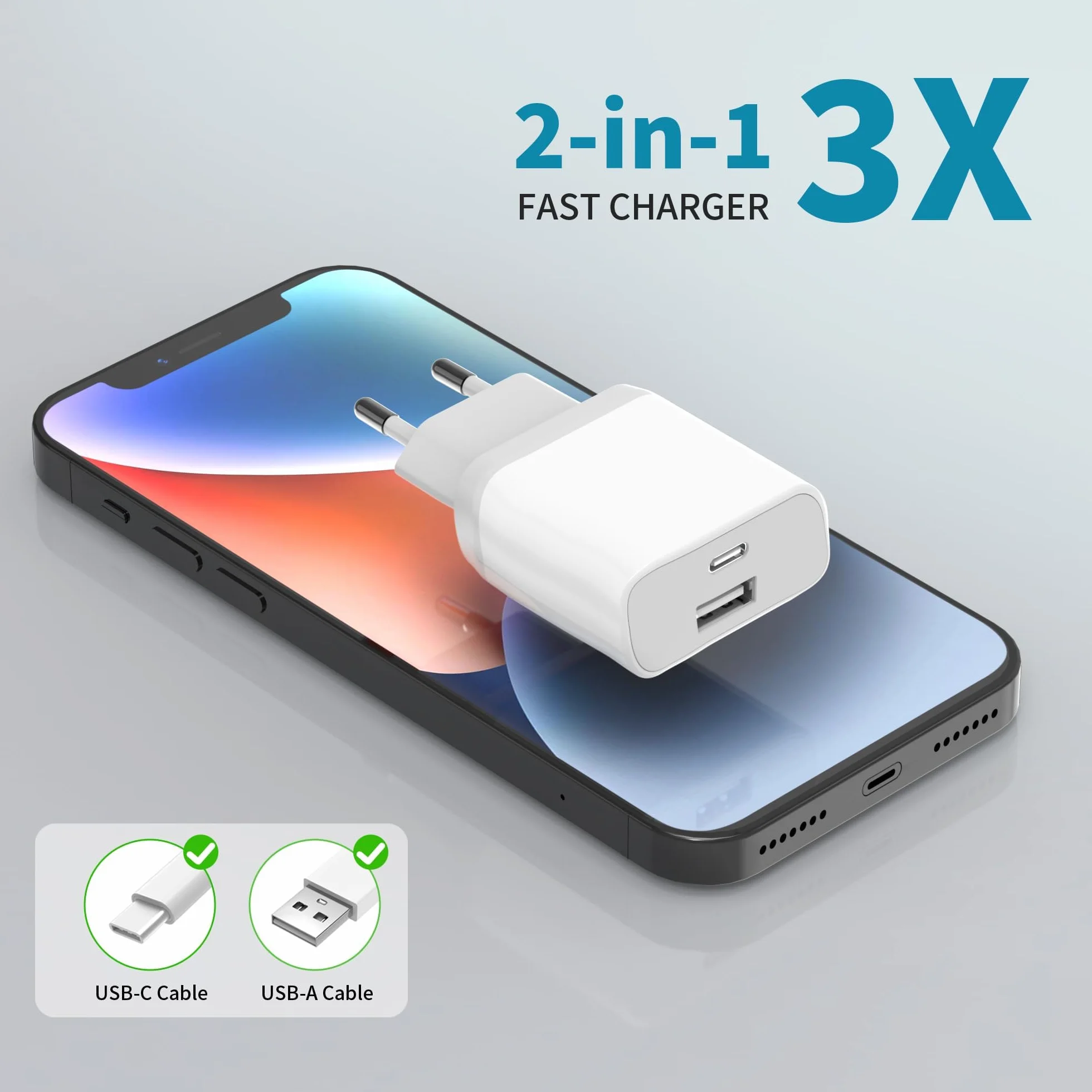 Chargeur USB C 20W Rapide pour iPhone 16 15 14 13 12 11 Pro Max SE, Galaxy, Pad, Adaptateur Secteur Type C Double Bloc Mural