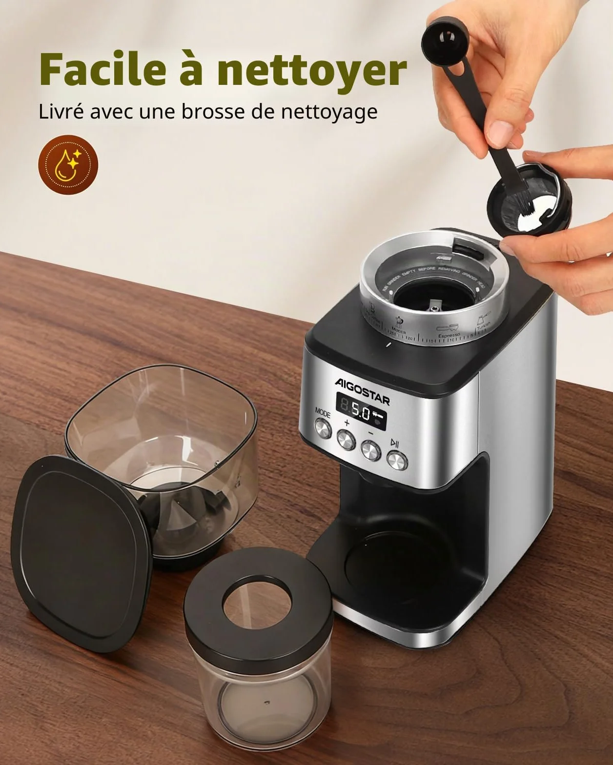 Aigostar Moulin à Café Electrique Conique, 52 Réglages de Meulage, Coffee Grinder Electrique Pour Expresso, Broyeur Cafe Grain Professionnelle Avec Affichage Numérique Précis, Acier Inoxydable, Argent