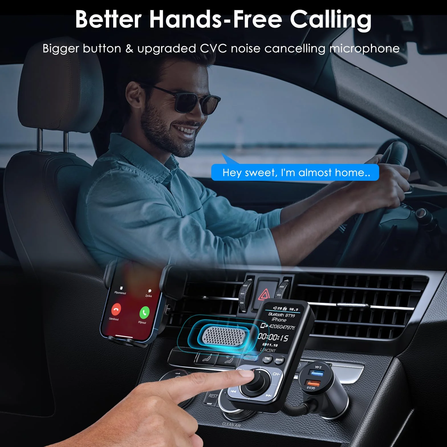 LENCENT 5.0 Samochodu Nadajnik FM Bluetooth z Adapter AUX, Bezprzewodowy Adapter z Szybka Ładowarka QC3.0 USB-A, Zestaw Głośnomówiący, Wzmocnienie Tonów Wysokich i Niskich Muzyki HiFi, Obsługa Kart TF
