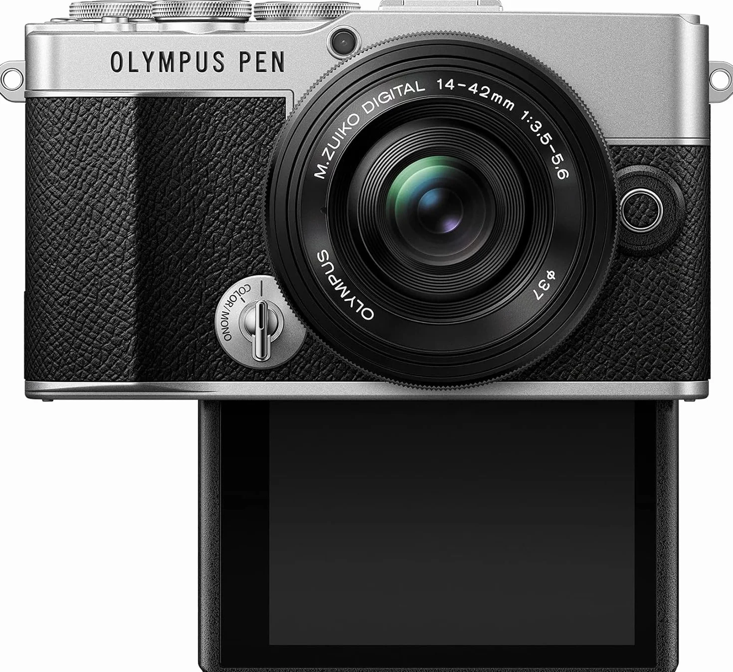 Olympus Pen E-P7, matryca 20 MP, odchylany ekran HD LCD, wideo 4K, Wi-Fi, sterowanie profilami kolorów i monochromatycznymi, srebrny, w zestawie obiektyw M.Zuiko Digital ED 14-42 mm EZ, czarny